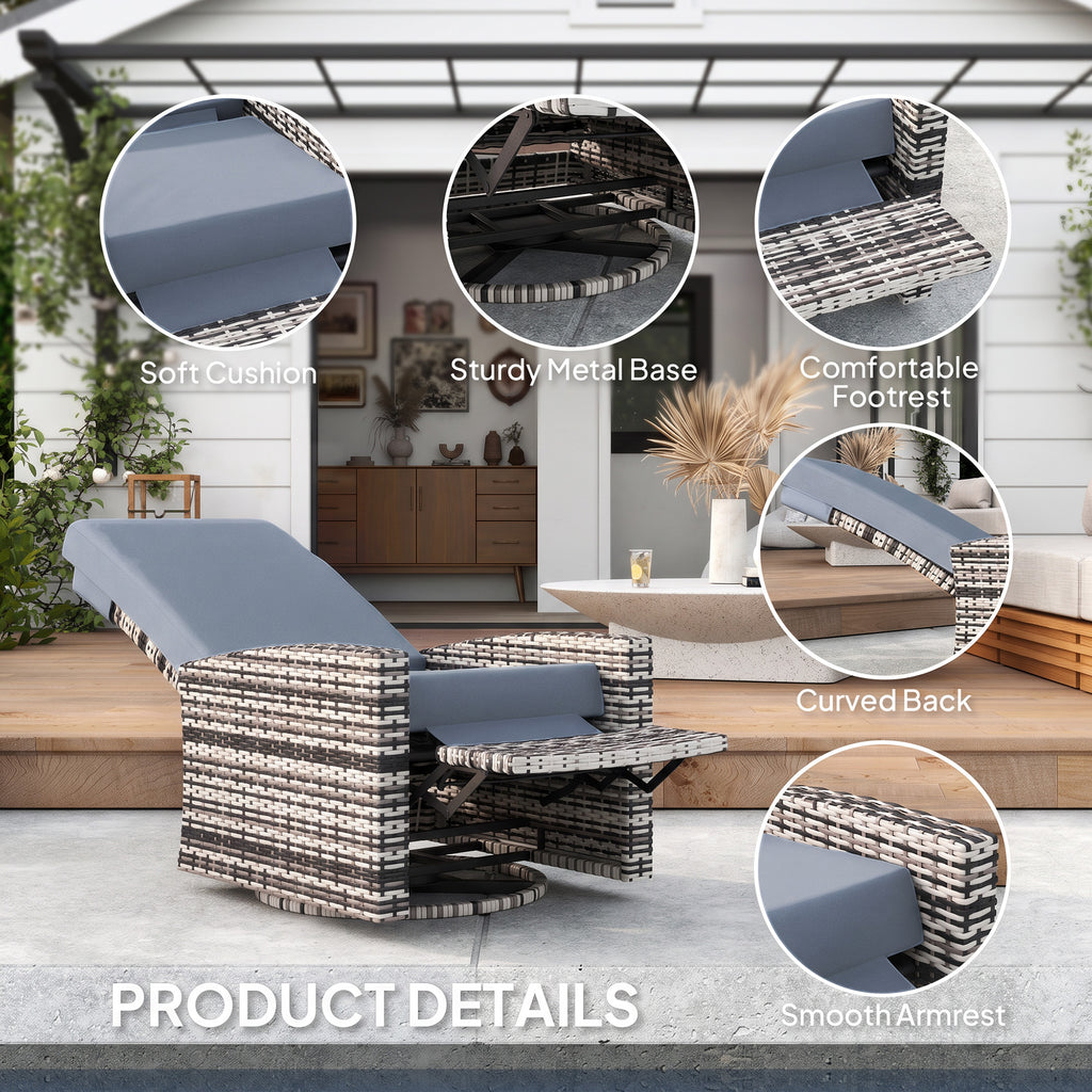 Outdoor Rattan Wicker Lounge Chair with Footrest & Soft Cushion for Patio, Garden, Backyard, Grey