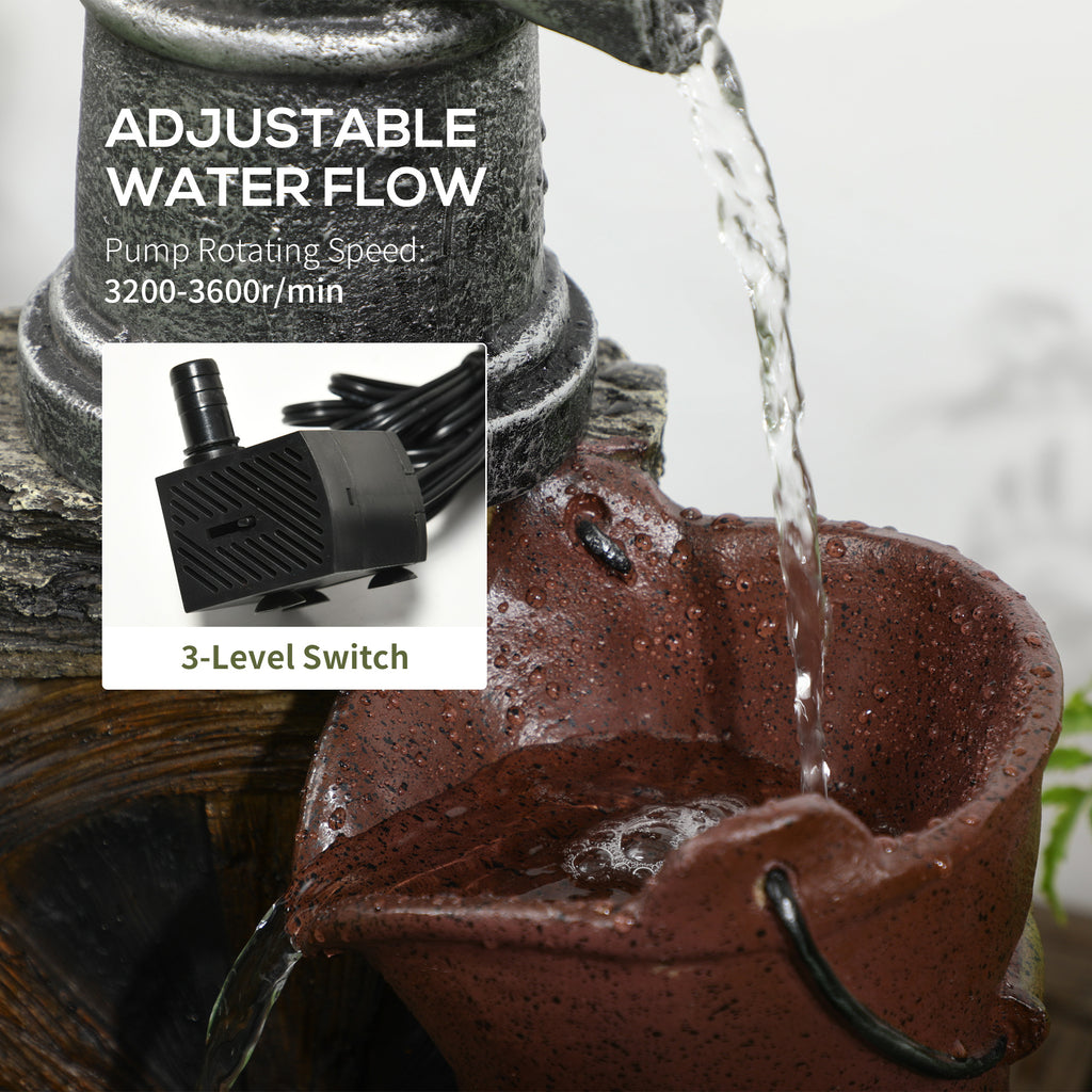 Rustic Waterfall Fountain with Old Fashion Pump Barrel Wheel, 3-Tier Cascading Outdoor Fountain with Adjustable Flow, Decorative Water Feature for Zen Garden, Deck, Porch
