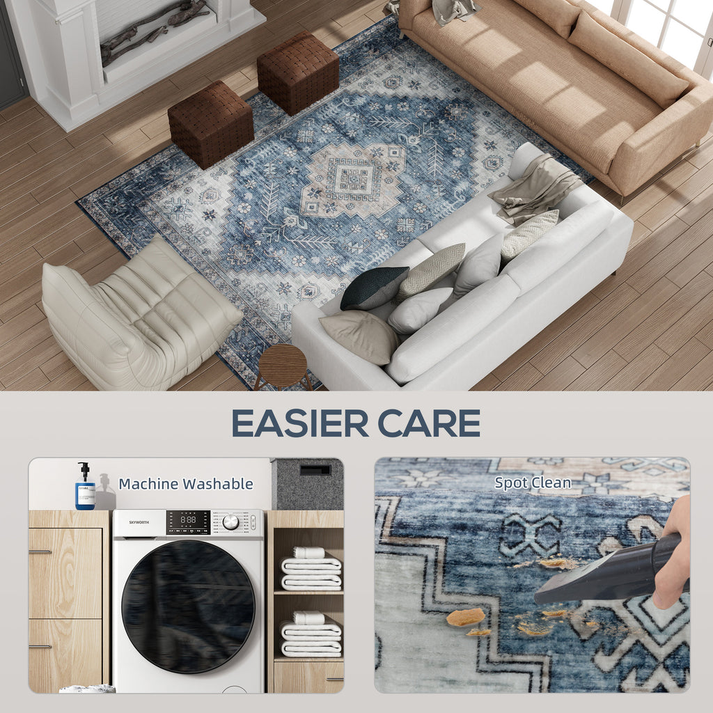 5x7 Area Rug, Vintage Machine Washable Rug, Non-Slip Floor Carpet for Living Room, Bedroom, Dining Room, Blue
