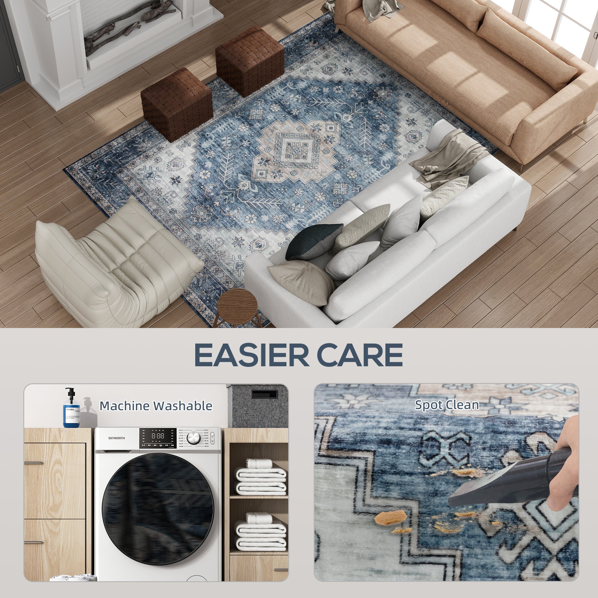 5x7 Area Rug, Vintage Machine Washable Rug, Non-Slip Floor Carpet for Living Room, Bedroom, Dining Room, Blue