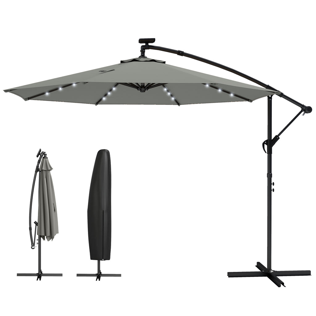 9.7 ft Cantilever Patio Umbrella with Solar Light, Garden Hanging Parasol with Cover, Tilt, Crank, Grey
