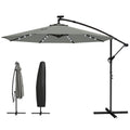 9.7 ft Cantilever Patio Umbrella with Solar Light, Garden Hanging Parasol with Cover, Tilt, Crank, Grey