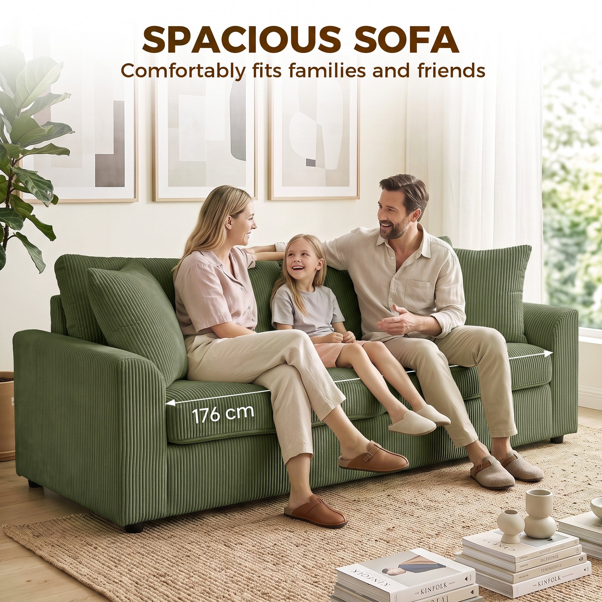3 Seater Sofa, 83.5" Modern Upholstered Couch with Pocket Spring and 2 Scatter Cushions for Living Room, Green