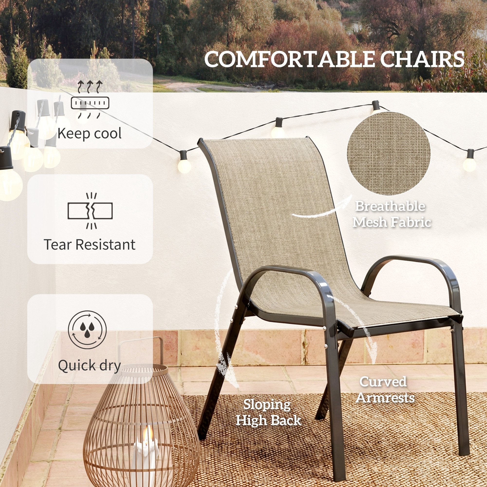 3 Pieces Bistro Set, Small Patio Furniture Set with Stackable Mesh Chairs, Glass Table for Garden, Light Mixed Brown