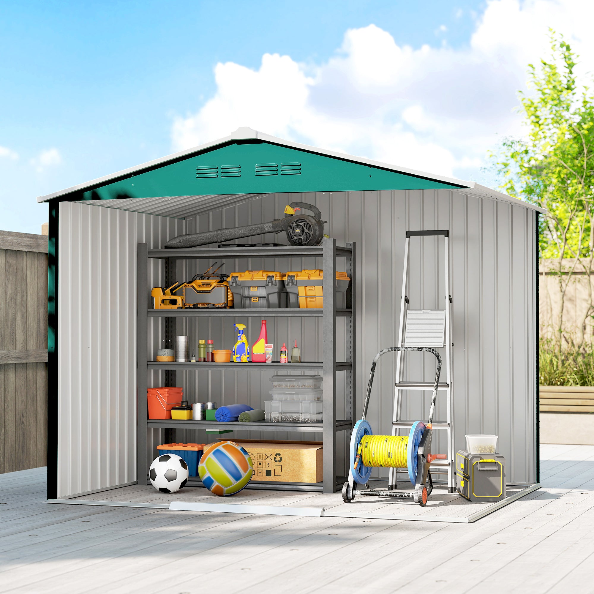 8' x 6' Outdoor Storage Shed, Metal Garden Tool Storage House with Lockable Sliding Doors and Vents, Green