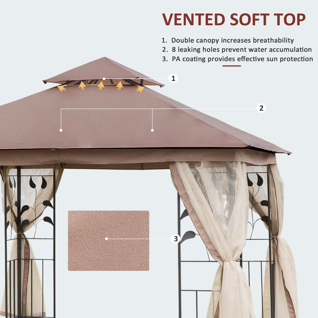 10'x10' Soft-top Steel Patio Gazebo Outdoor Sun Shelter with 2-Tier Polyester Roof, Curtain Sidewalls, Brown