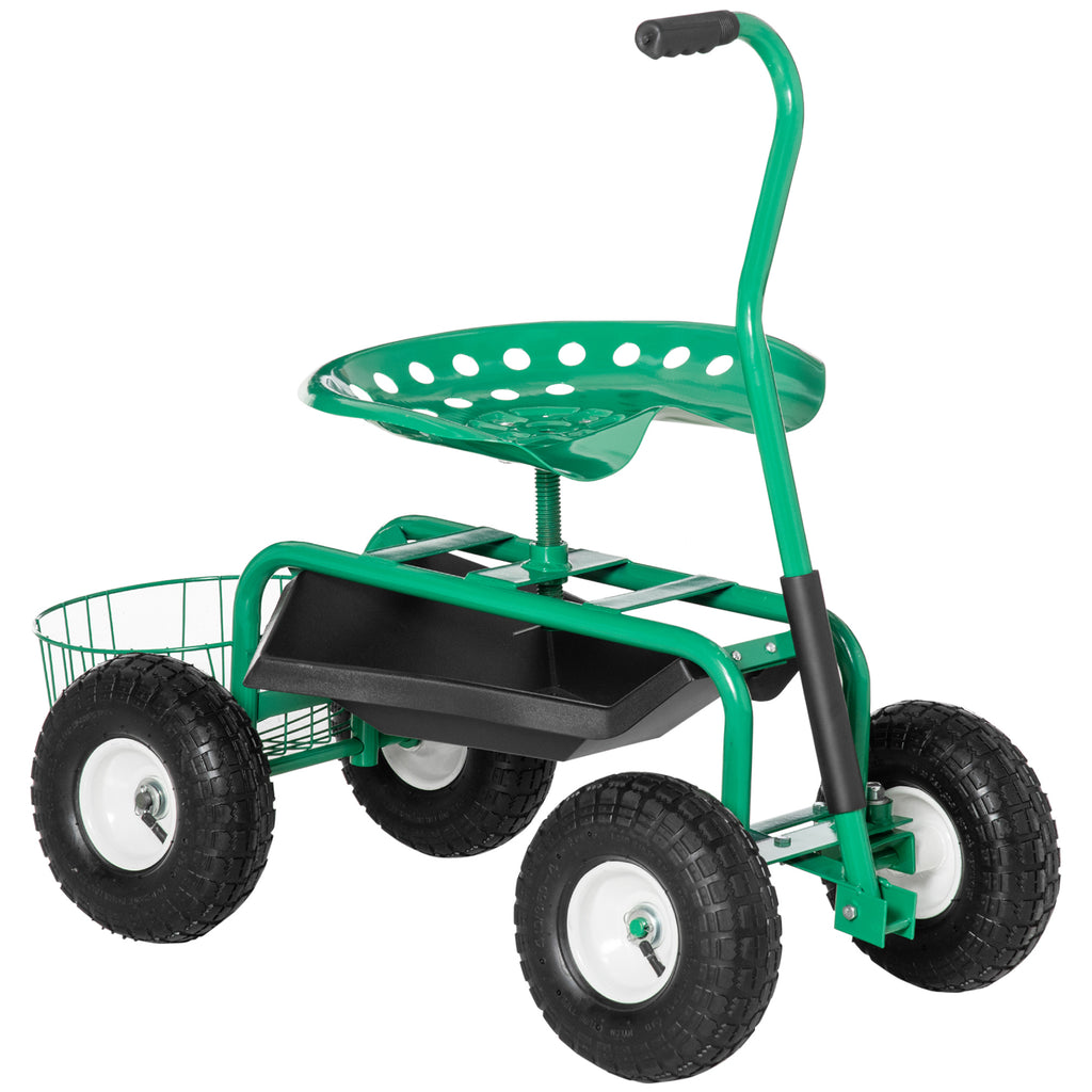 Garden Scooter, Rolling Cart with Swivel and Adjustable Seat, Tool Tray, Bucket Basket, Green and Black