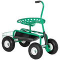 Garden Scooter, Rolling Cart with Swivel and Adjustable Seat, Tool Tray, Bucket Basket, Green and Black