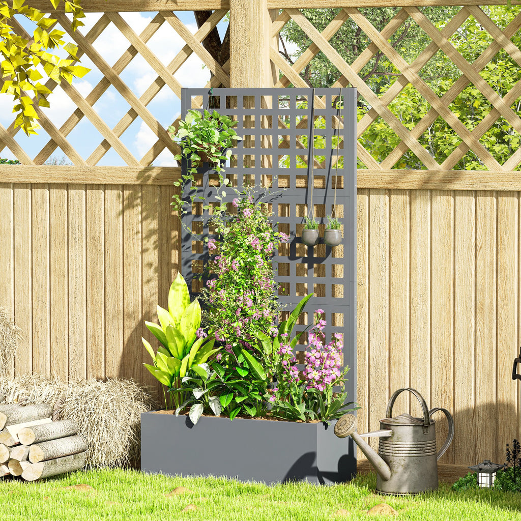 Galvanized Raised Garden Bed Planter Box with Trellis for Climbing Plant, Vegetable, Vine, 35"x16"x70" Grey Wood Effect