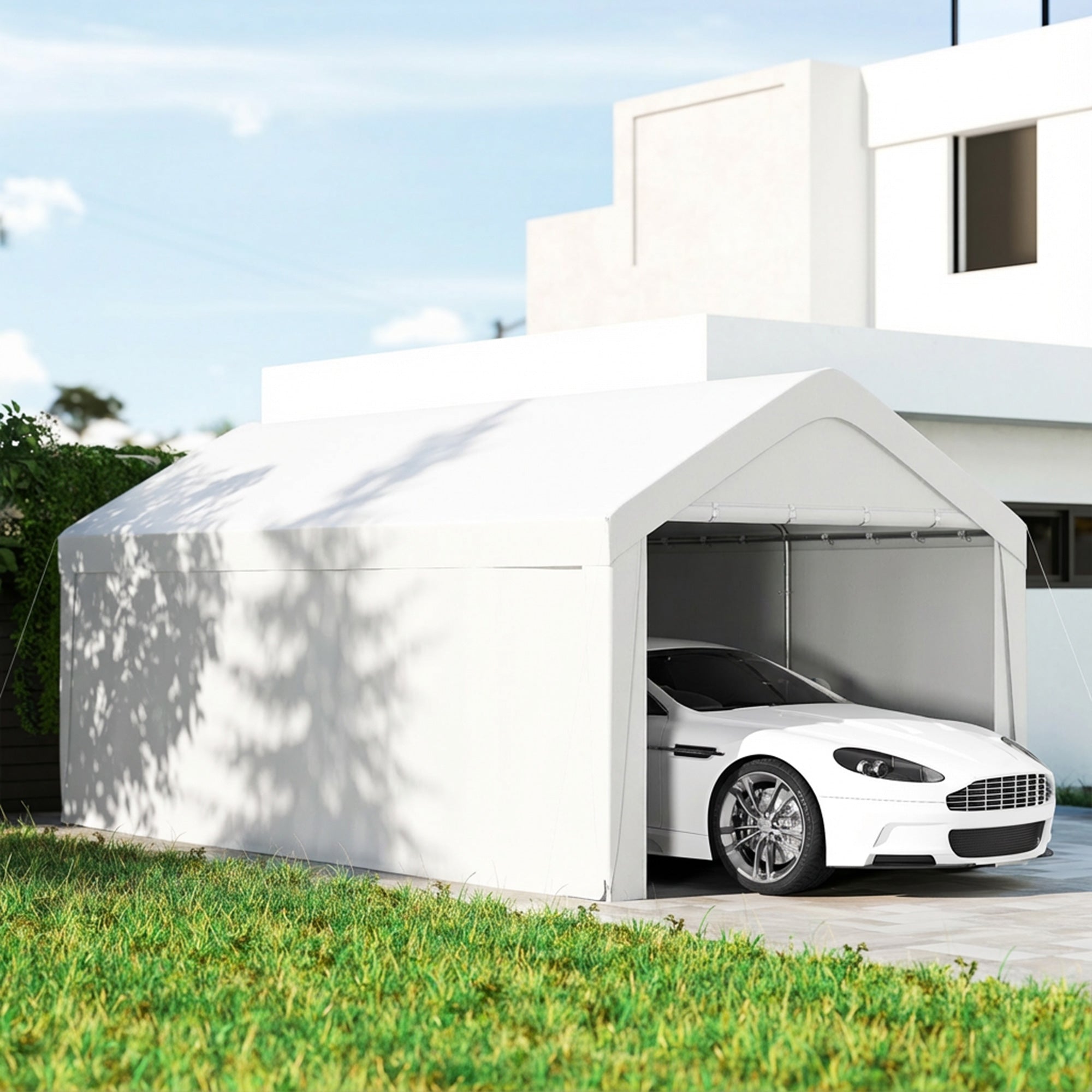 Carport, 10 x 20 ft Portable Garage with 2 Roll-Up Doors and Removable Sidewalls for Car, Truck, Boat, White