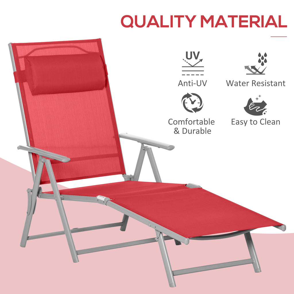 Outdoor Folding Chaise Lounge Chair Steel Portable Recliner with 7 Adjustable Backrest Positions, Red