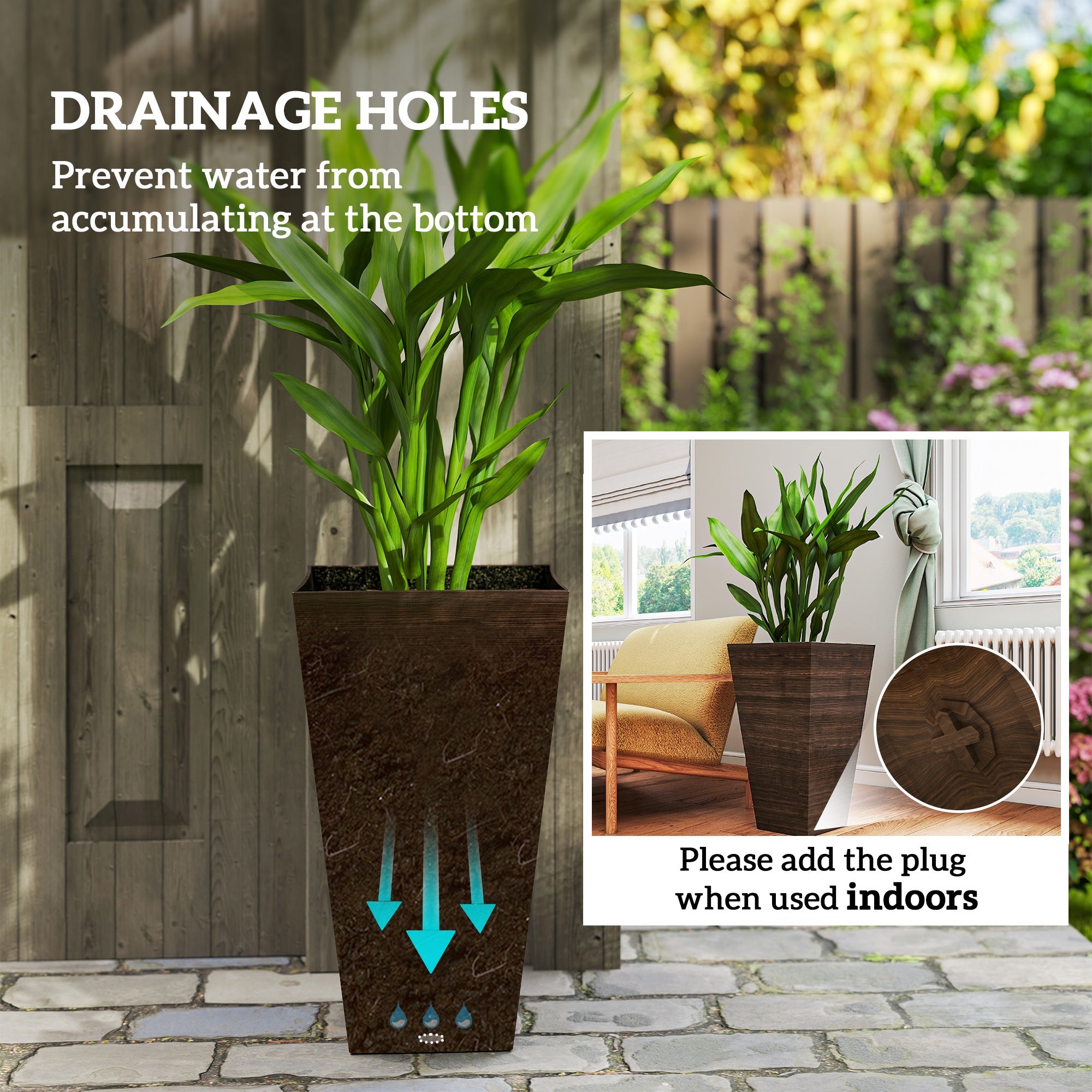 Tall Planter for Outdoor Plants Set of 3, 28 Inch Taper Planter with Drainage Holes, Brown