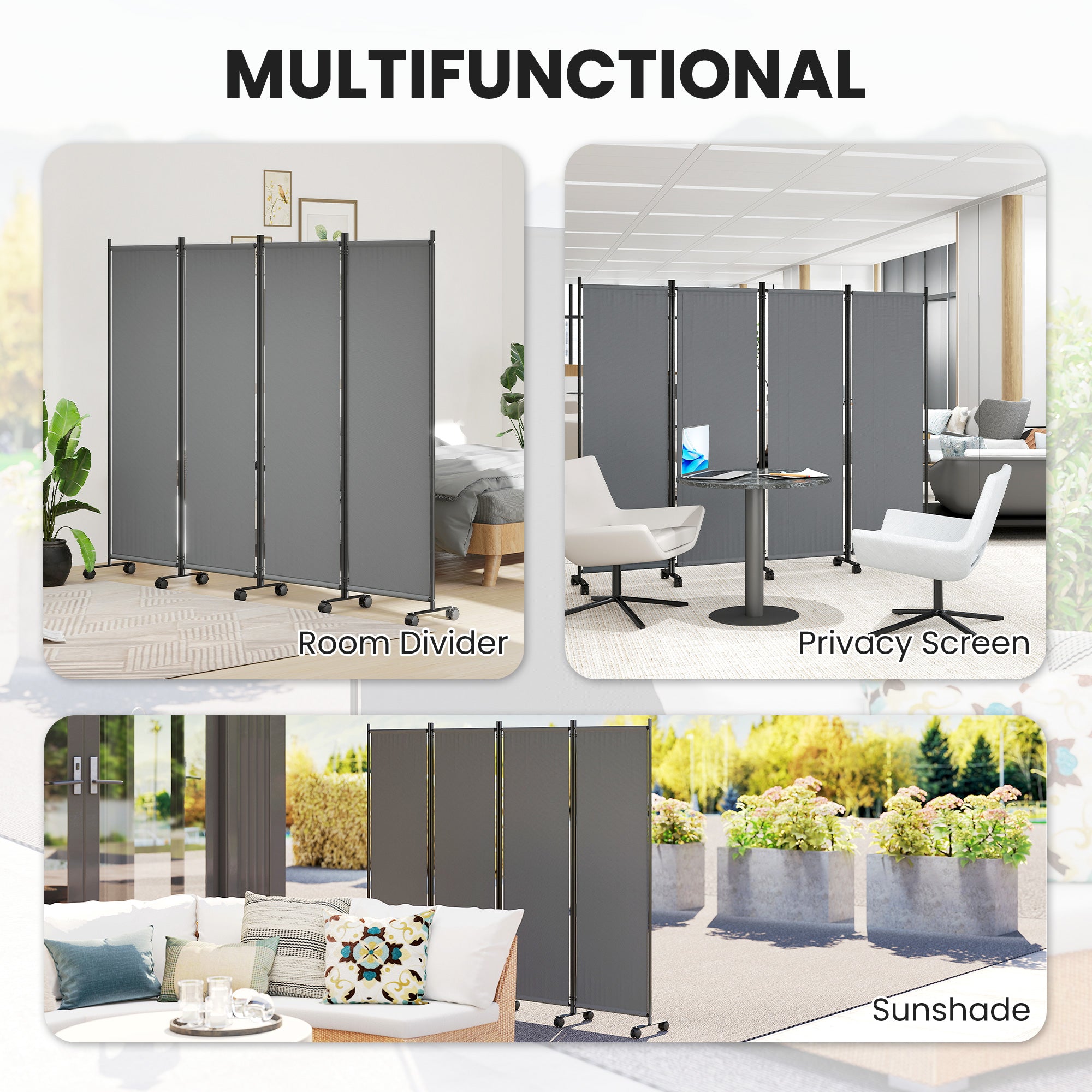 Folding Room Divider with Castor Wheels, Rolling Privacy Screen for Home Office Bedroom, 5.6ft Tall