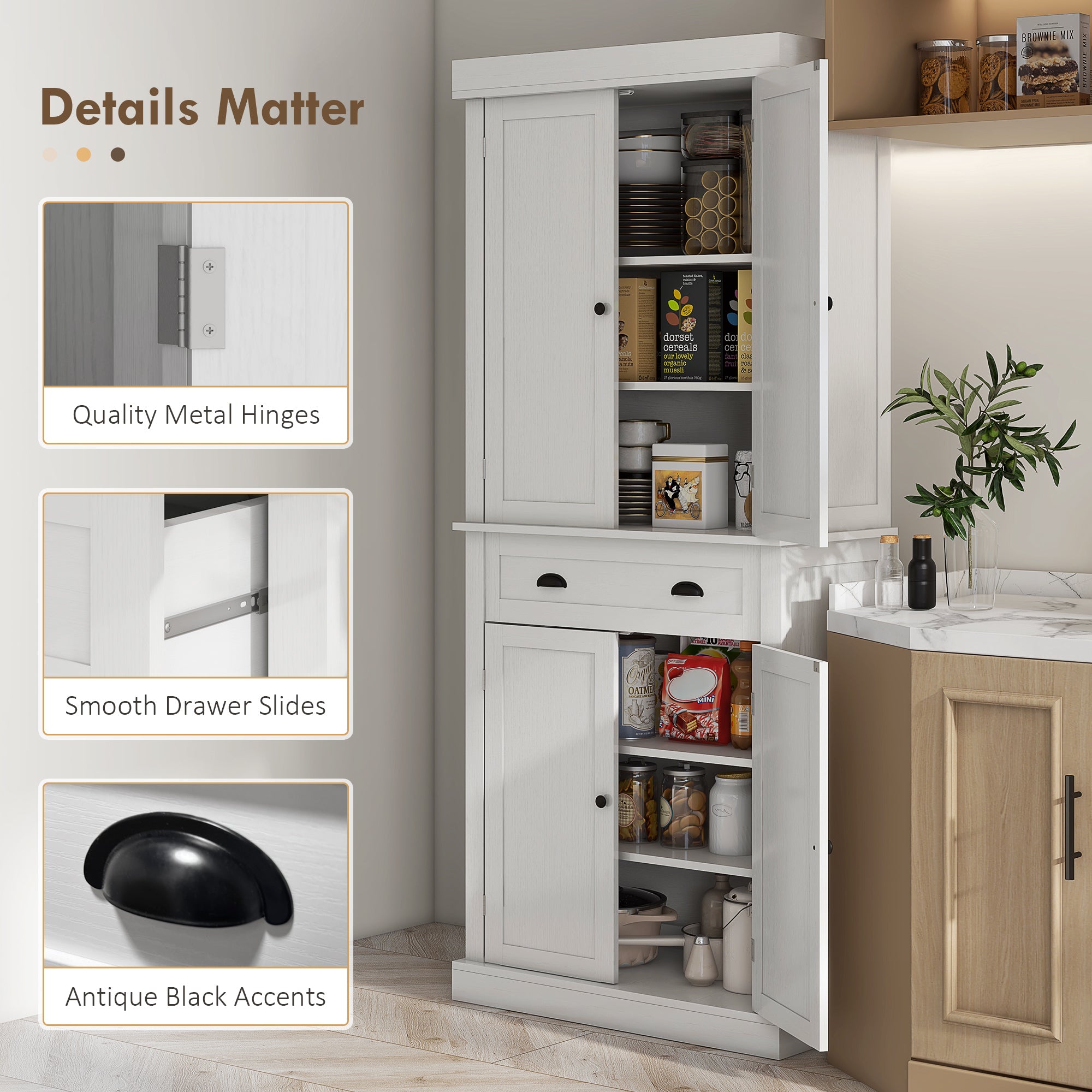72" Tall Pantry Cabinet, Kitchen Storage Cabinet with 4 Doors, Drawer and 2 Adjustable Shelves, White