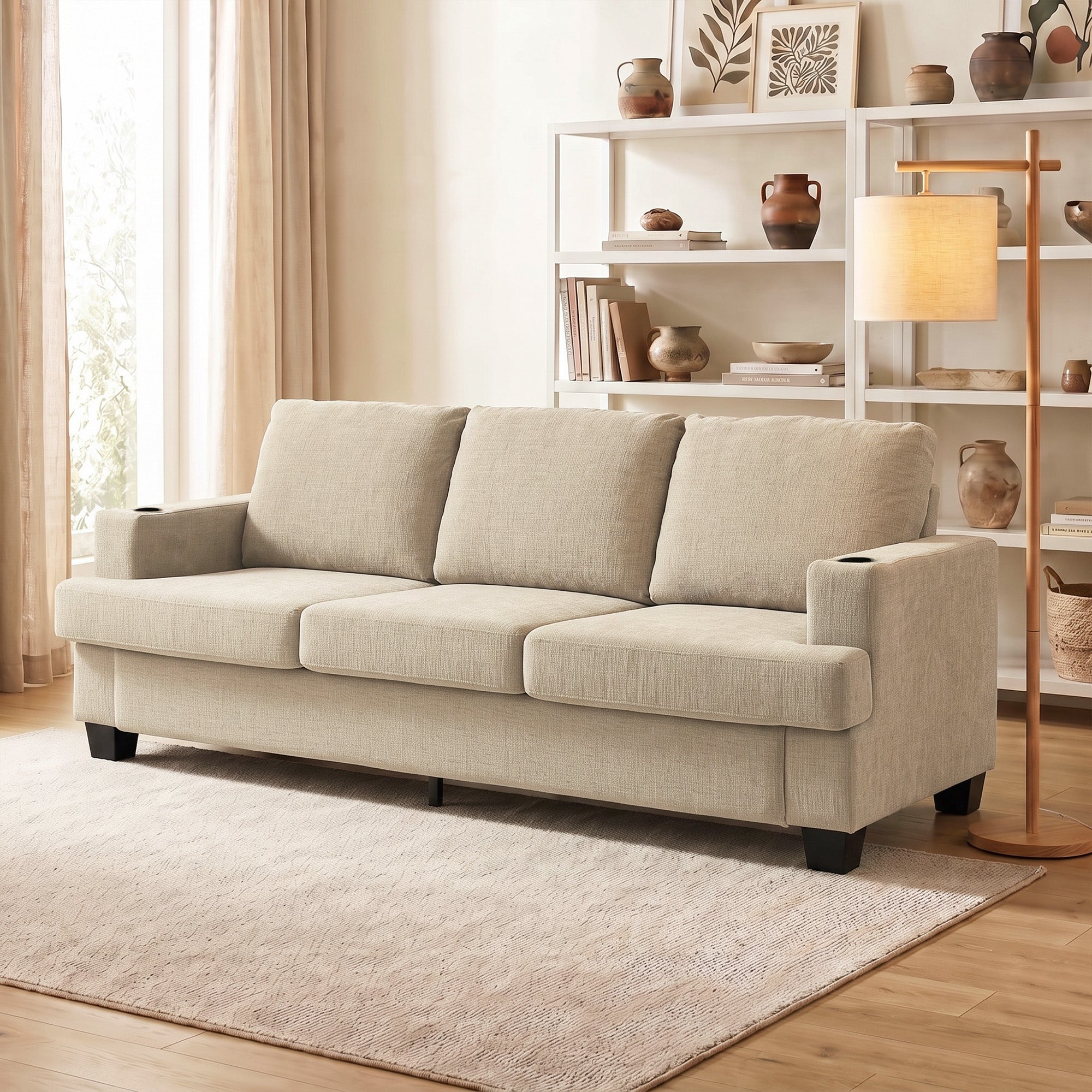 3 Seater Sofa with USB Ports & Cup Holders, Chenille-Feel Upholstered Couch for Living Room, Light Brown