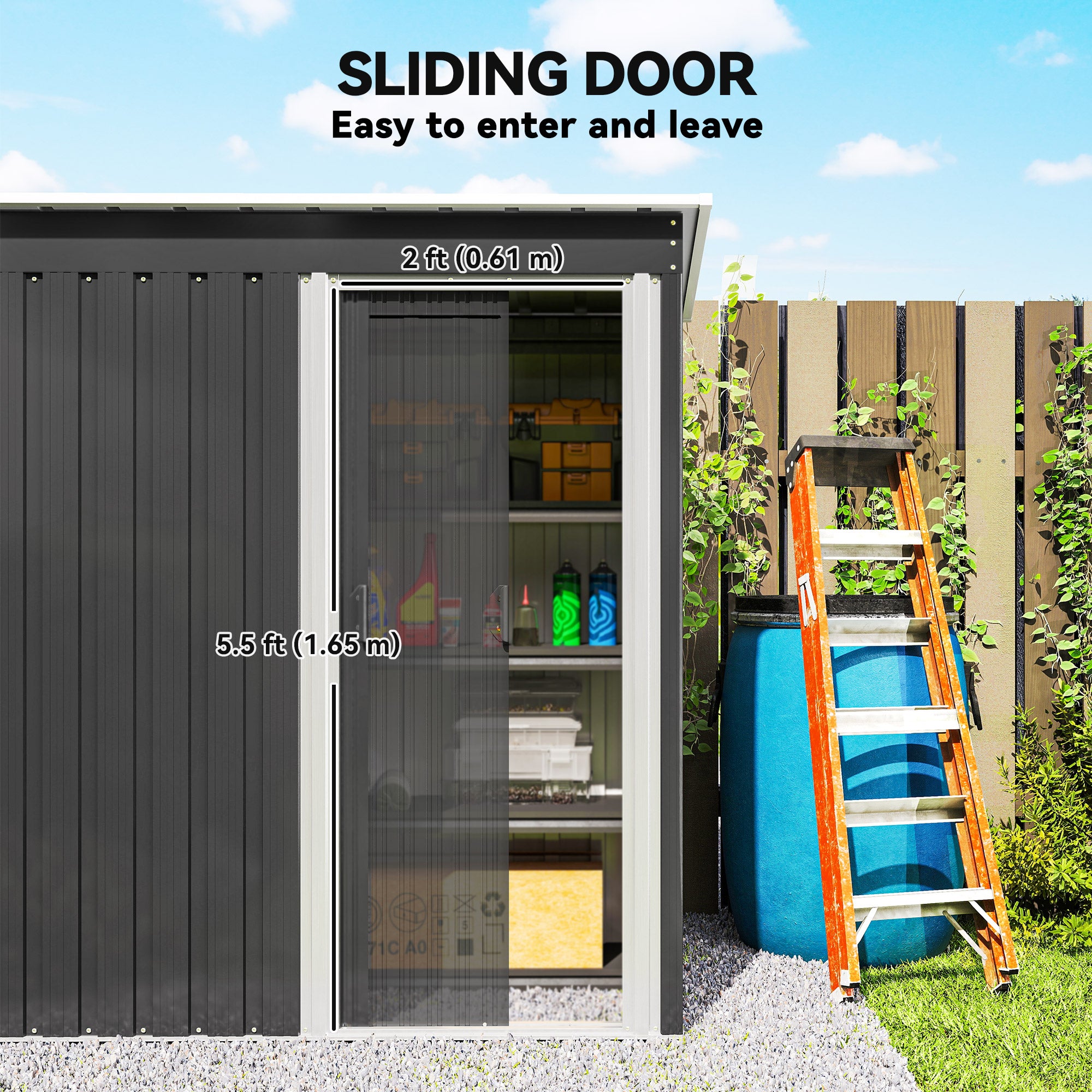 5 x 3 FT Outdoor Storage Shed with Sliding Door and Sloped Roof, Steel Frame Garden Shed Tool Equipment, Black