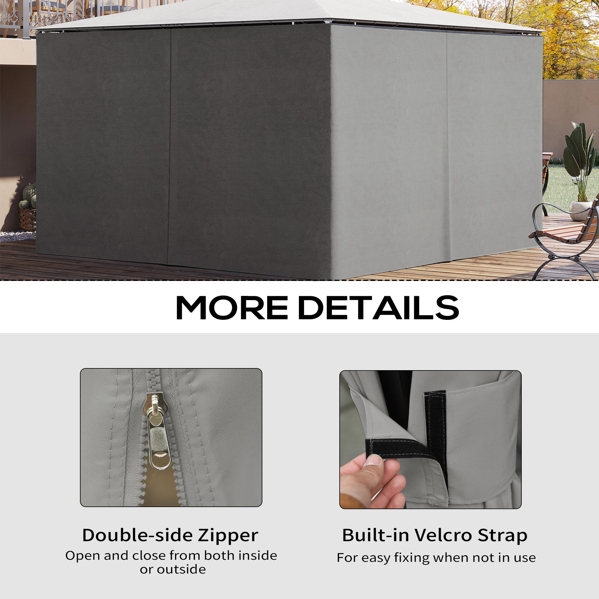 Gazebo Curtains, 10' x 13' Universal Replacement Privacy Curtain, 4-Panels Sidewall with Hooks/C-Rings, Light Grey