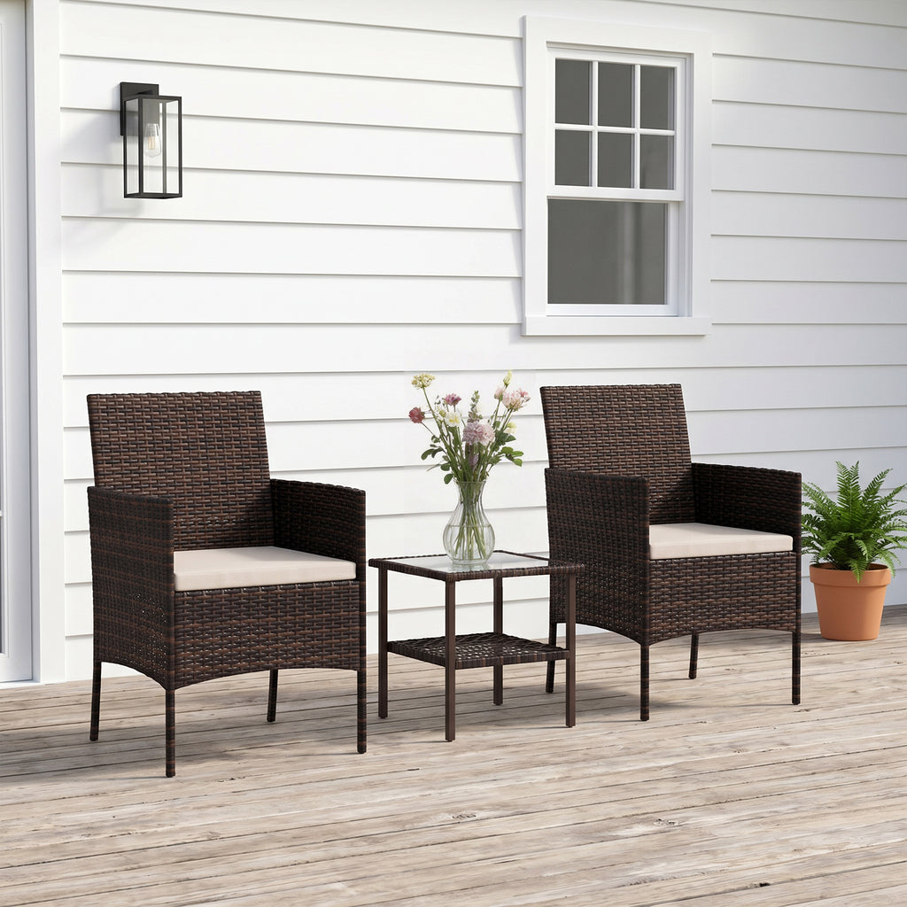 Wicker Bistro Set, 3 Piece Patio Furniture Set with 2-Tier Glass Top Table, Cushions for Balcony, Porch, Beige