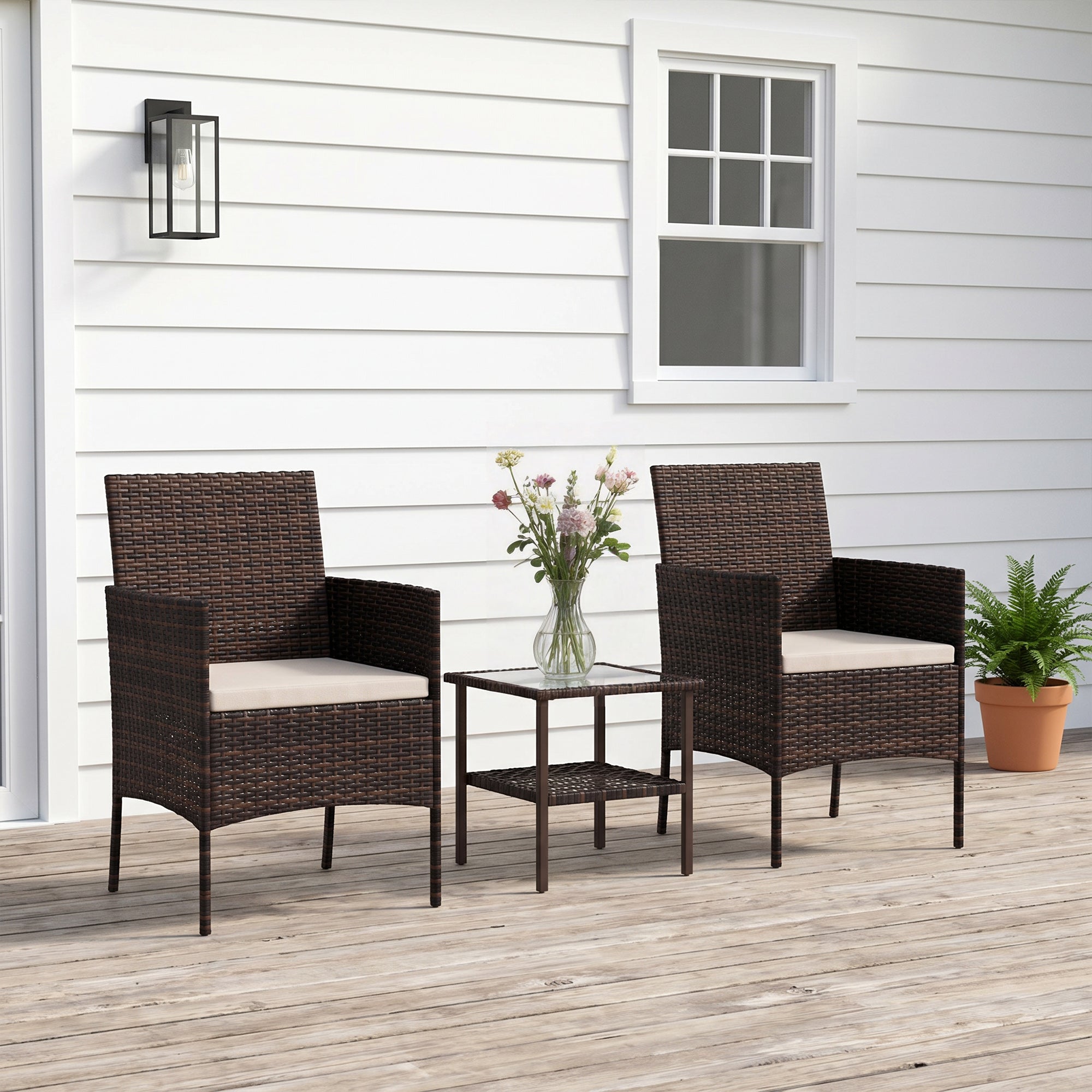Wicker Bistro Set, 3 Piece Patio Furniture Set with 2-Tier Glass Top Table, Cushions for Balcony, Porch, Beige