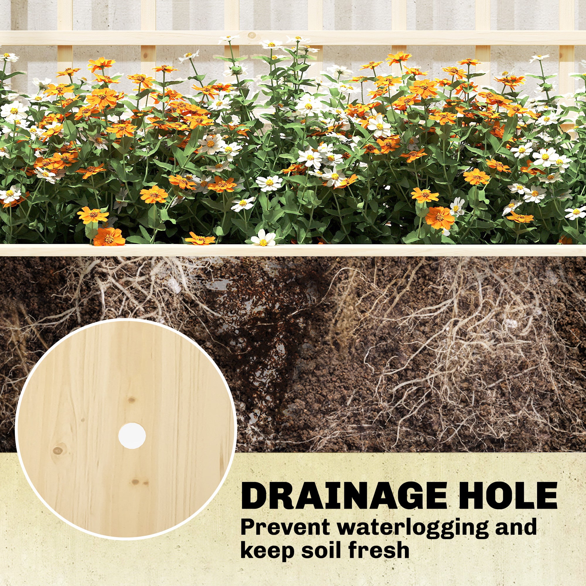 Wooden Raised Garden Bed with 3 Trellises, Outdoor Raised Planter with Drainage Holes