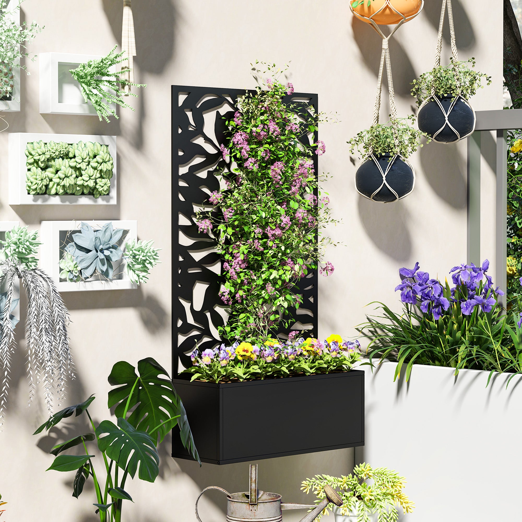Raised Garden Bed with Trellis, Outdoor Privacy Screen with Planter Box, 24" x 9.1" x 44.5", Black