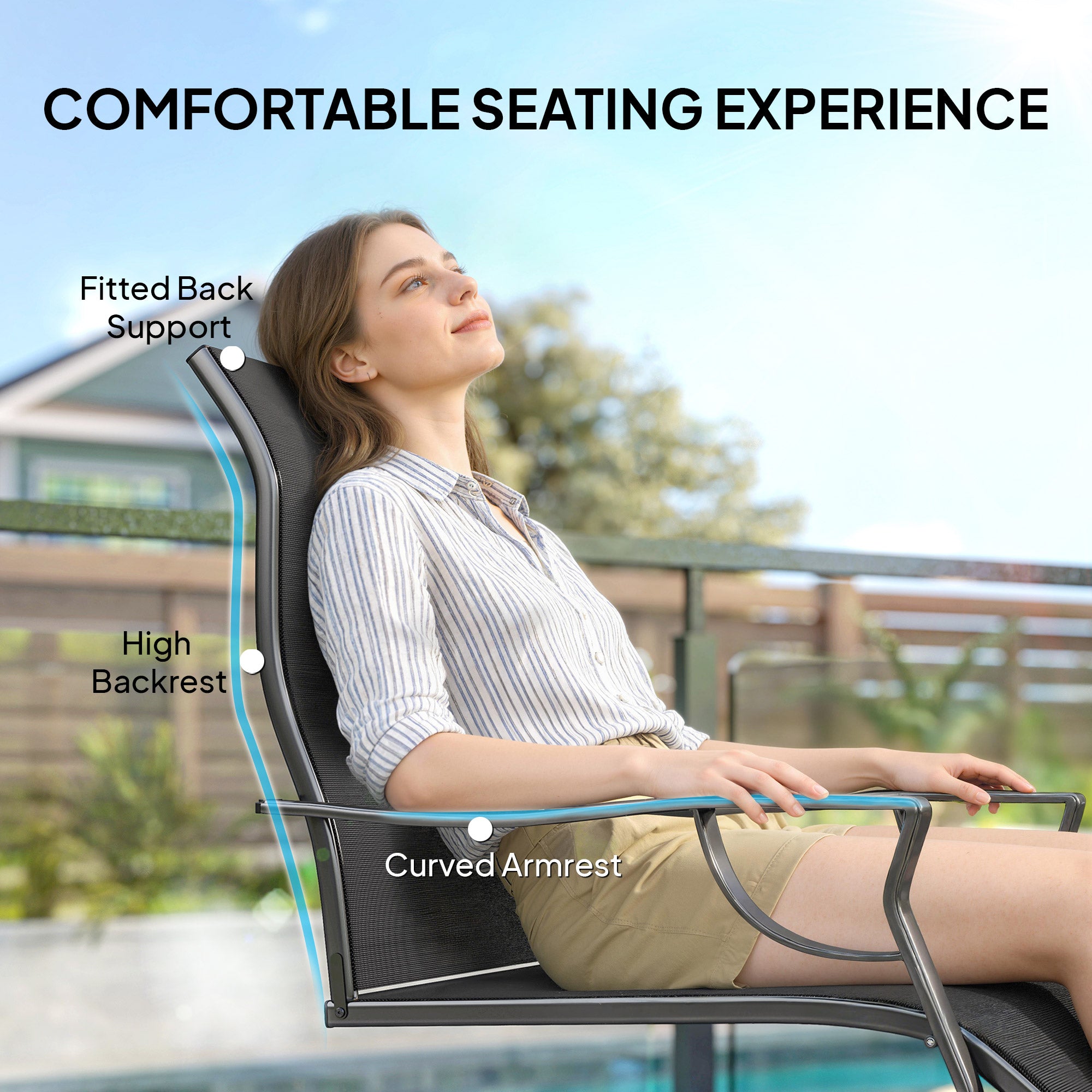 C Spring Motion Patio Chairs Set of 2 with Curved High Backrest, Armrest, All Weather Breathable Fabric, Metal Frame