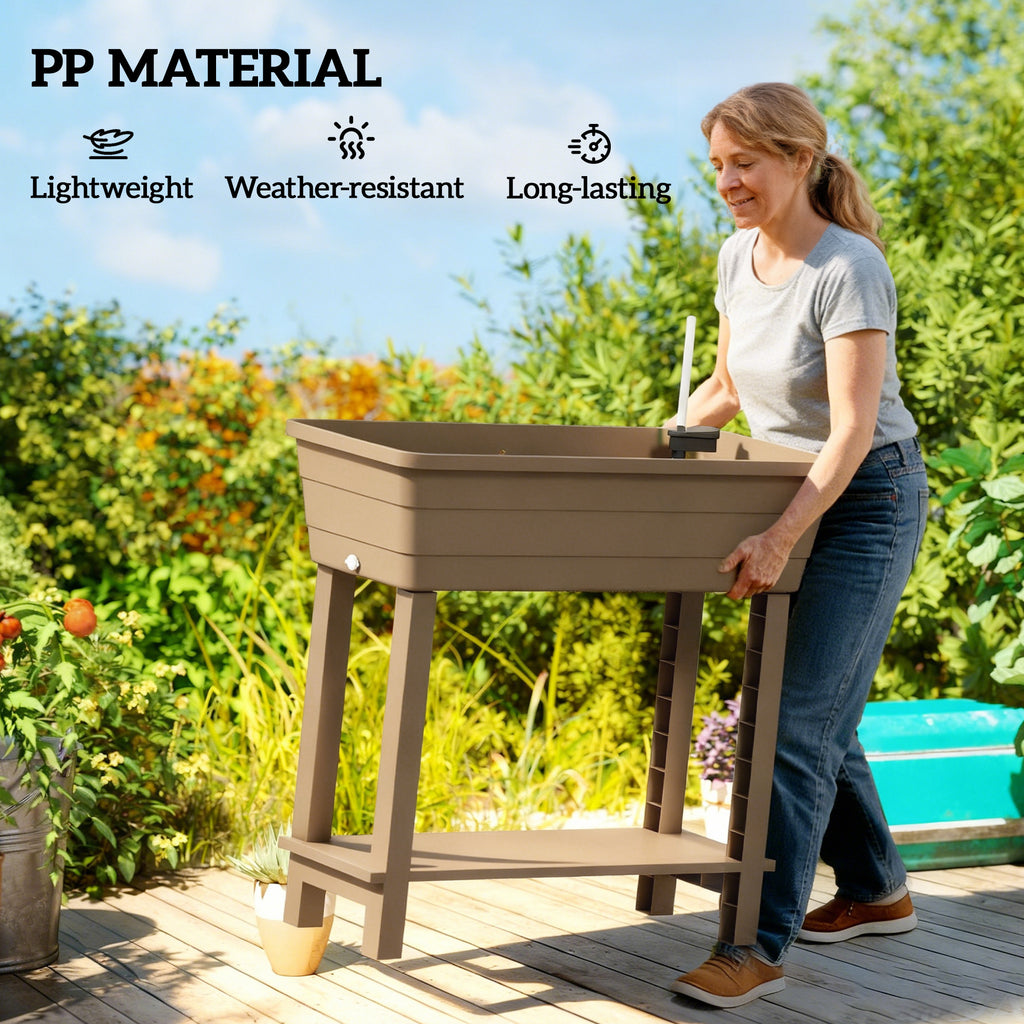 41L Self Watering Raised Garden Bed w/ Ventilation Transparent Lid Greenhouse, Planter Box w/ Storage Shelf, Brown