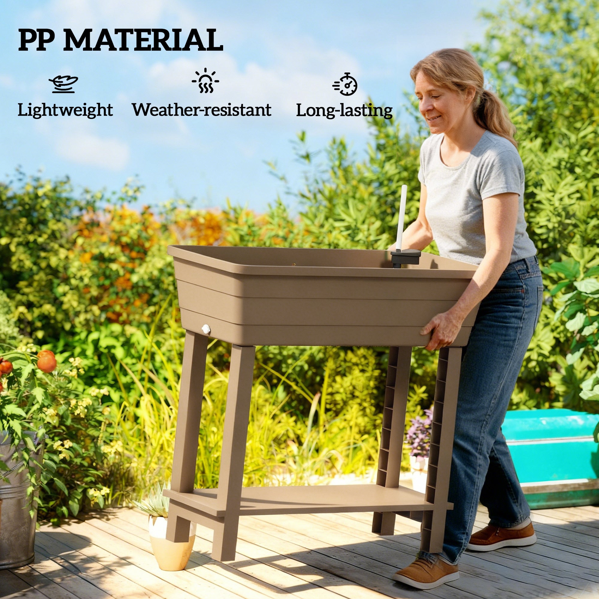 41L Self Watering Raised Garden Bed w/ Ventilation Transparent Lid Greenhouse, Planter Box w/ Storage Shelf, Brown