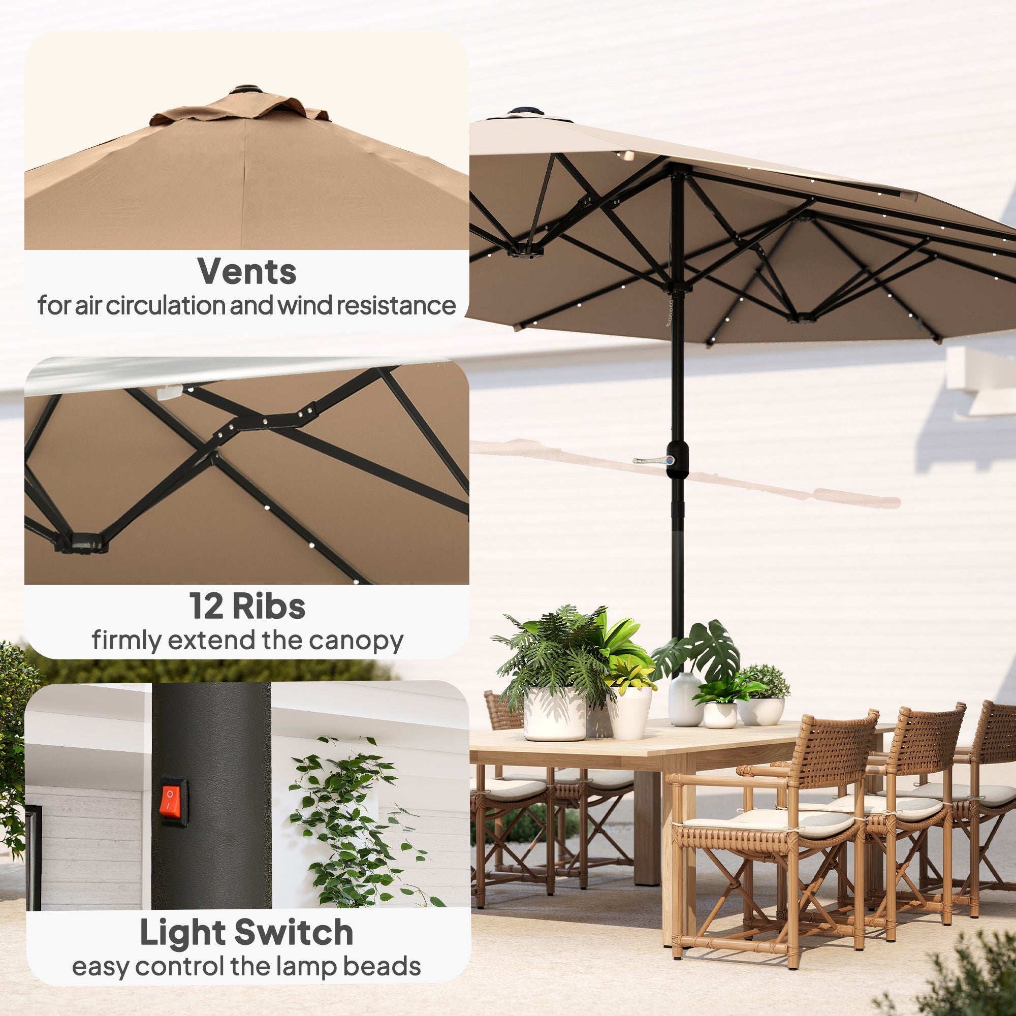 174" Double-Sided Sun Umbrella Garden Parasol Patio Sun Shade Outdoor with LED Solar Light, Khaki