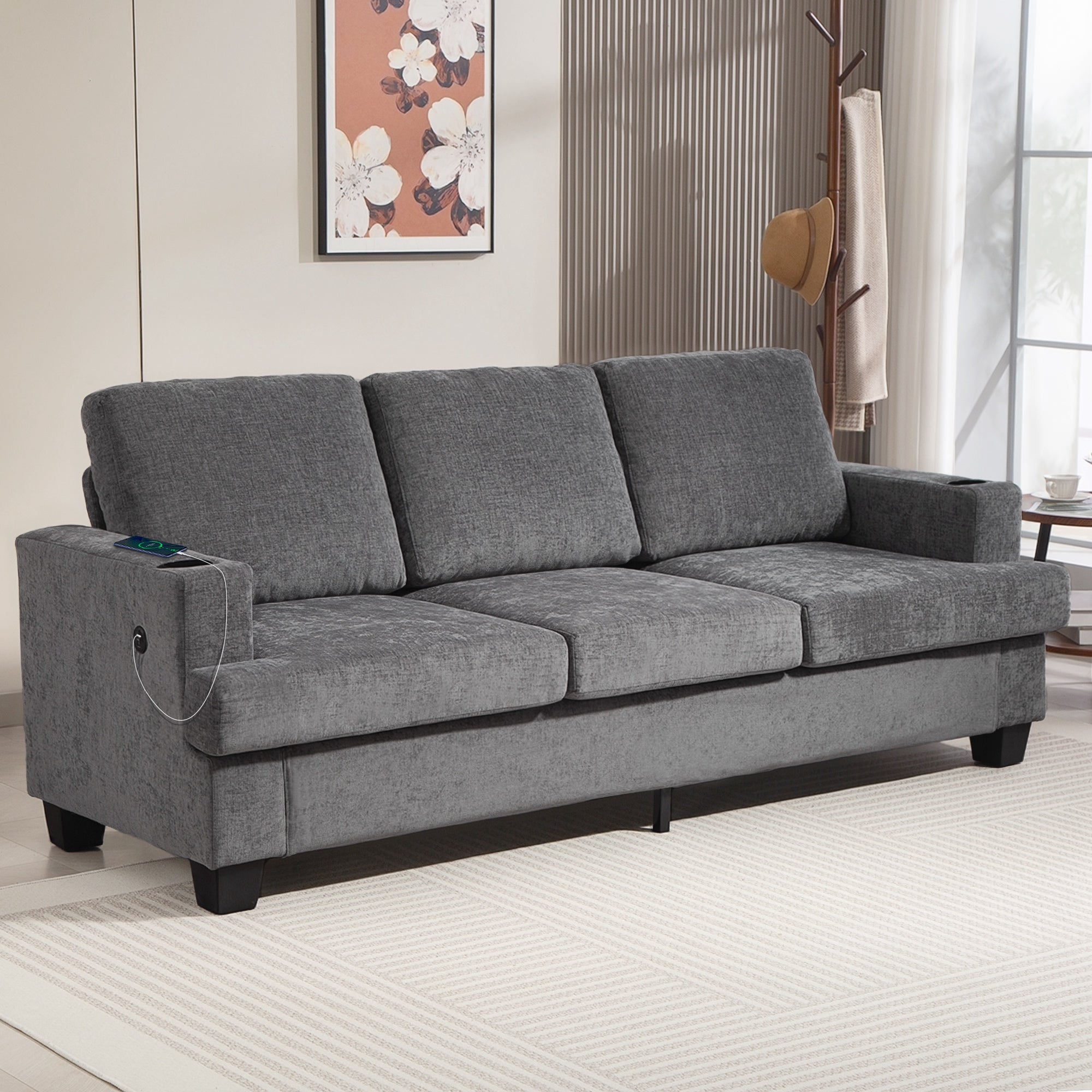 3 Seater Sofa with USB Ports & Cup Holders, Chenille-Feel Upholstered Couch for Living Room, Grey