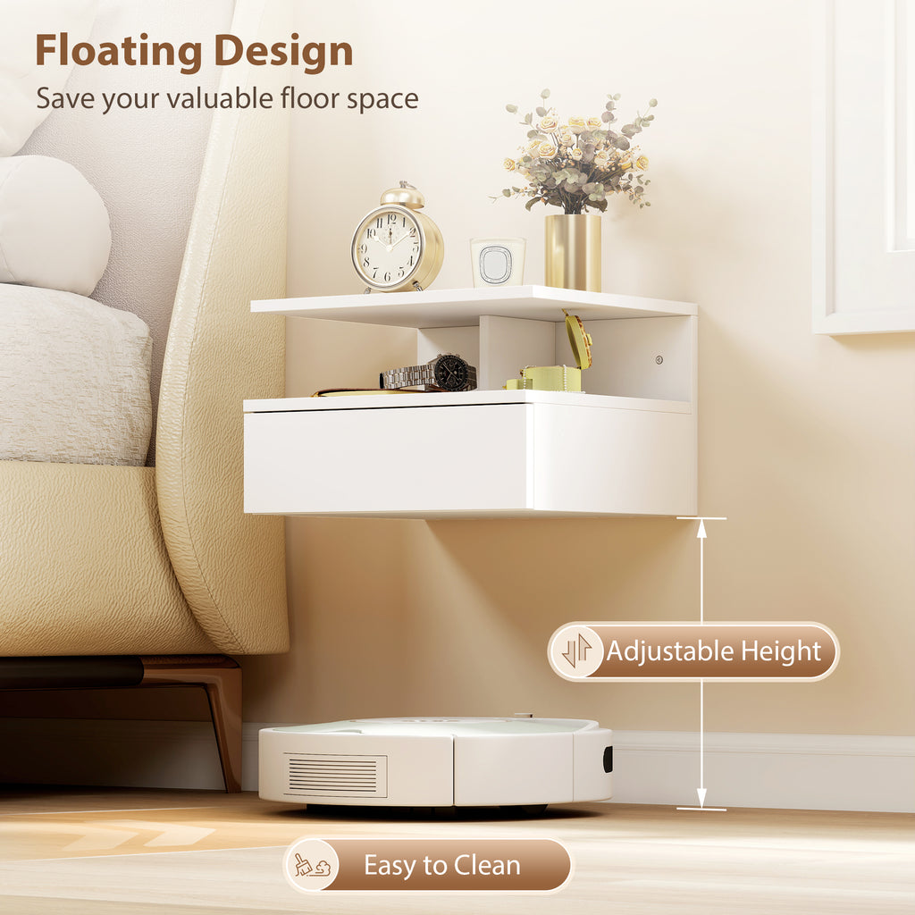 Floating Nightstand Set of 2, Wall Mounted Bedside Table with Drawer and Shelf, Small Night Stand for Bedroom, White