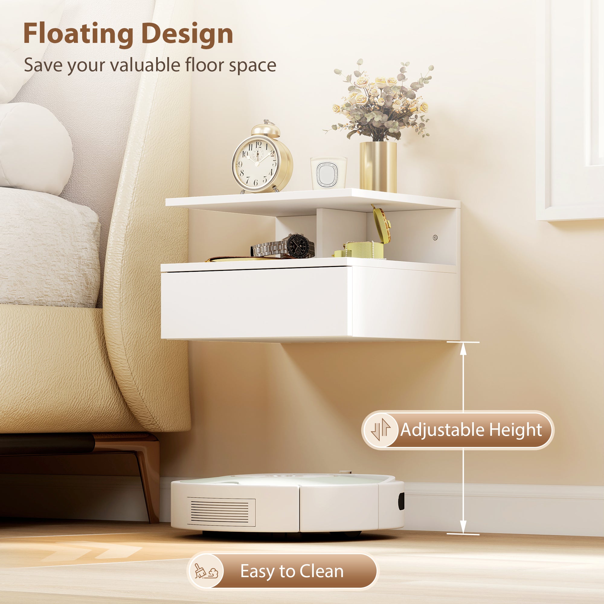Floating Nightstand Set of 2, Wall Mounted Bedside Table with Drawer and Shelf, Small Night Stand for Bedroom, White