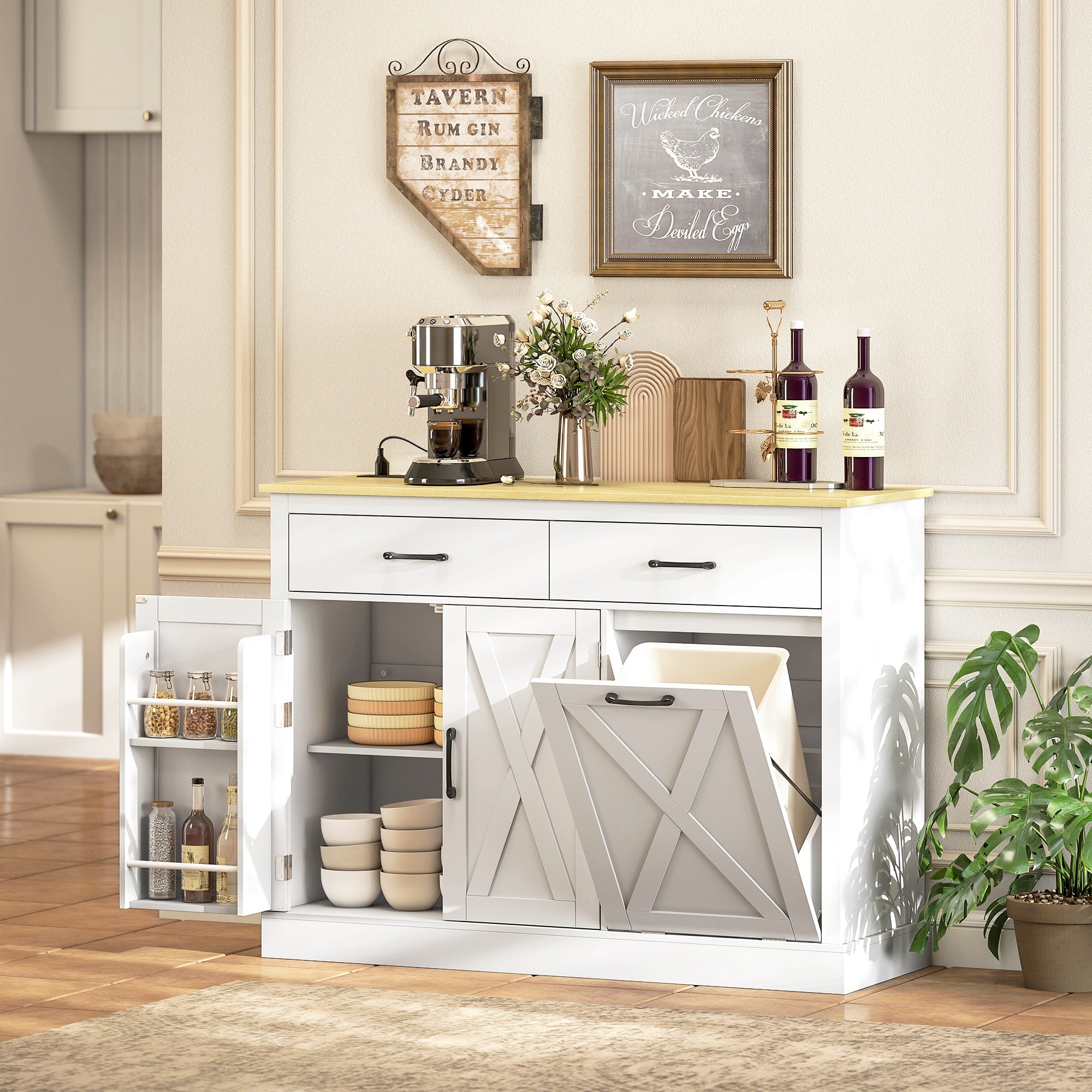7 Gallon Tilt Out Garbage Cabinet, Kitchen Island with Charging Station, 2 Drawers, 4 Door Racks, White
