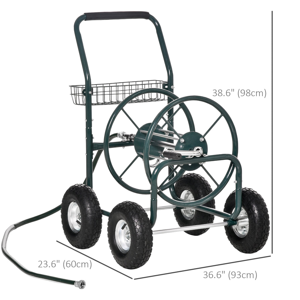 Garden Hose Reel Cart, Portable Hose Organizer with Hose Guide System, 4 Wheels & Storage Basket for Yard, Garden, Farm