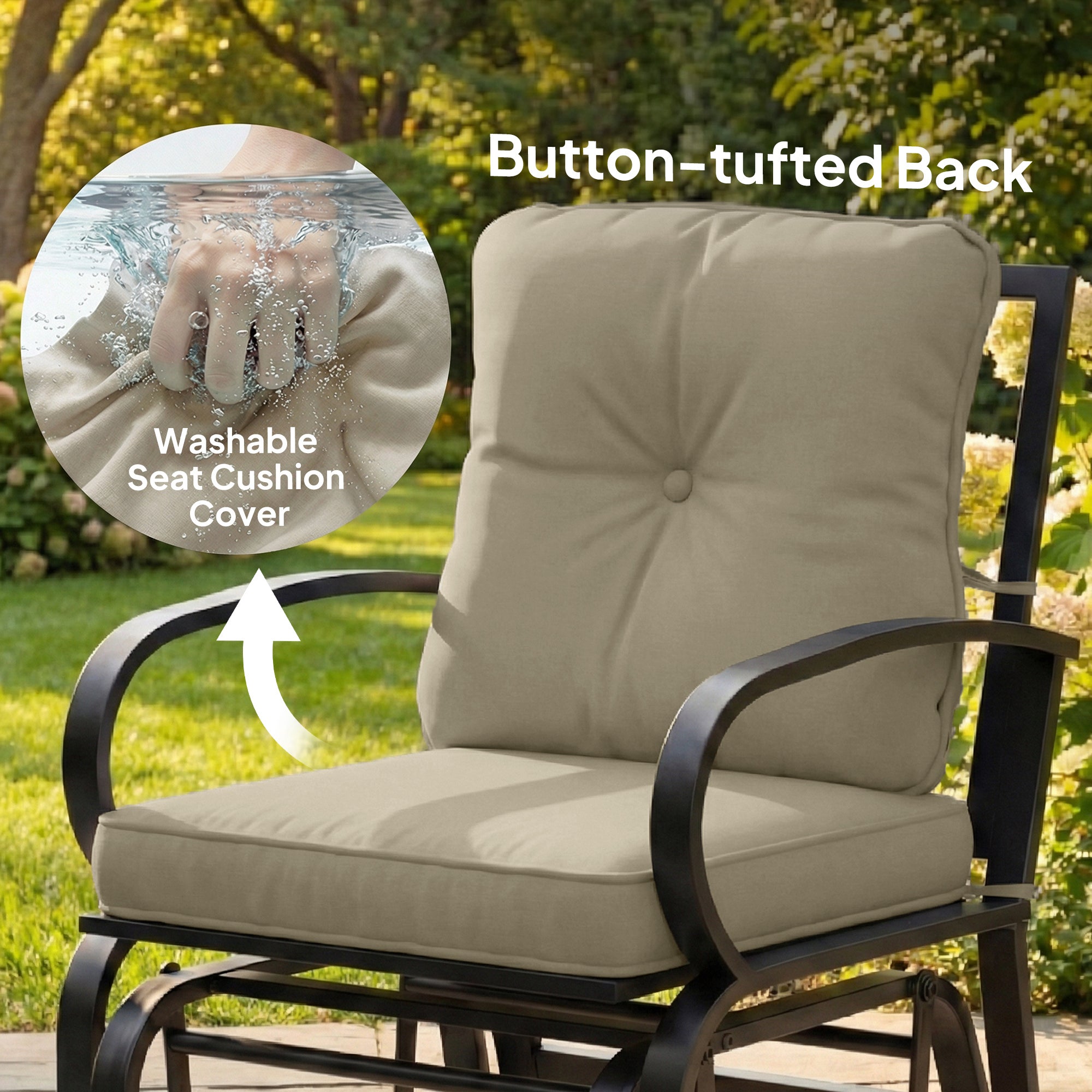 Patio Glider, Outdoor Glider Chair with Cushions, Steel Frame, Curved Armrests, Beige