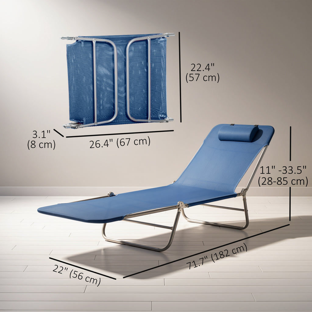 Outdoor Lounge Chair, Portable Adjustable Reclining Seat Folding Chaise Lounge Patio Camping Beach Tanning Chair Bed with Pillow, Dark Blue
