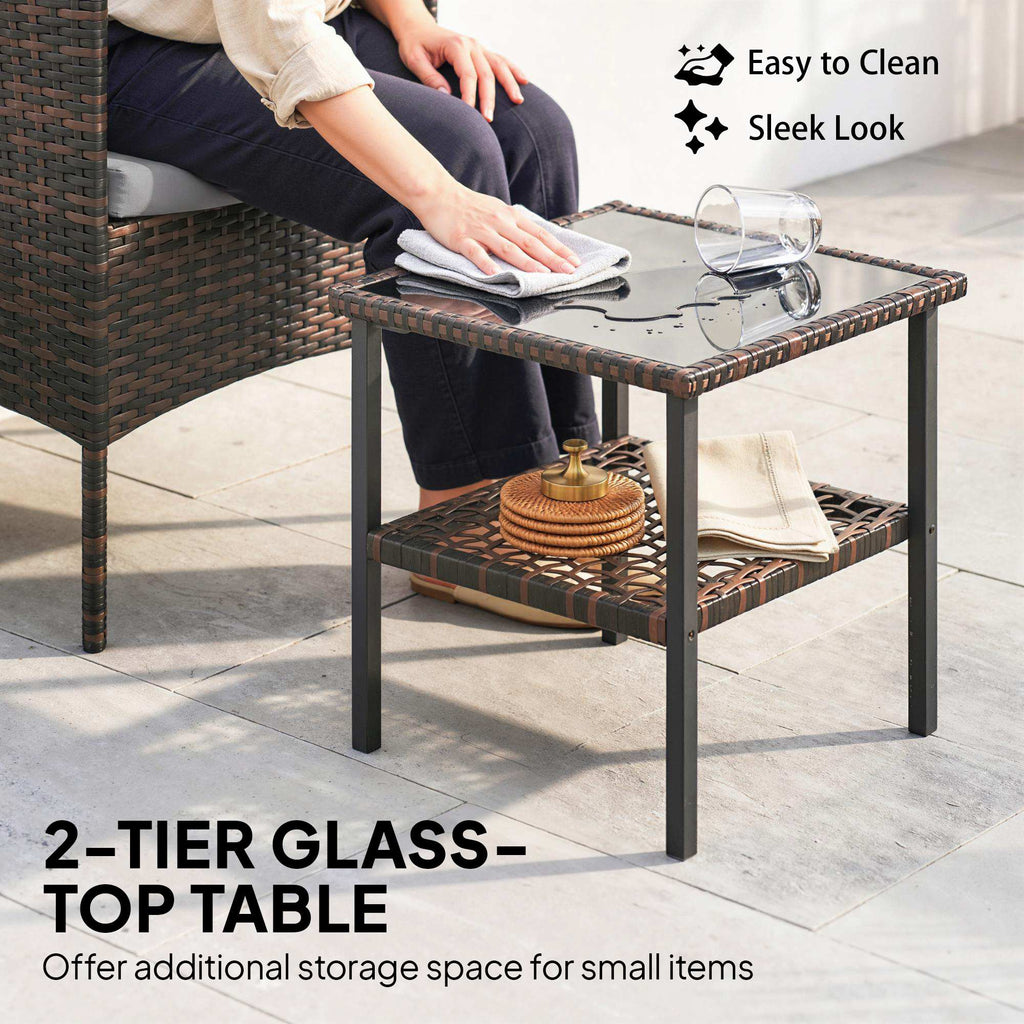 Wicker Bistro Set, 3 Piece Patio Furniture Set with 2-Tier Glass Top Table, Cushions for Balcony, Porch, Dark Grey