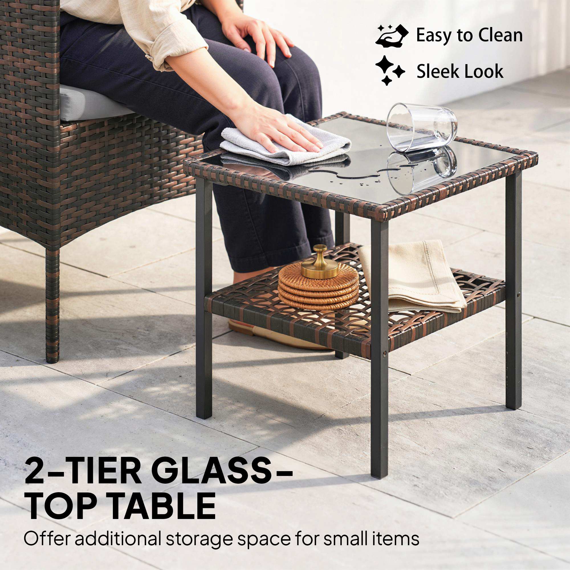 Wicker Bistro Set, 3 Piece Patio Furniture Set with 2-Tier Glass Top Table, Cushions for Balcony, Porch, Dark Grey