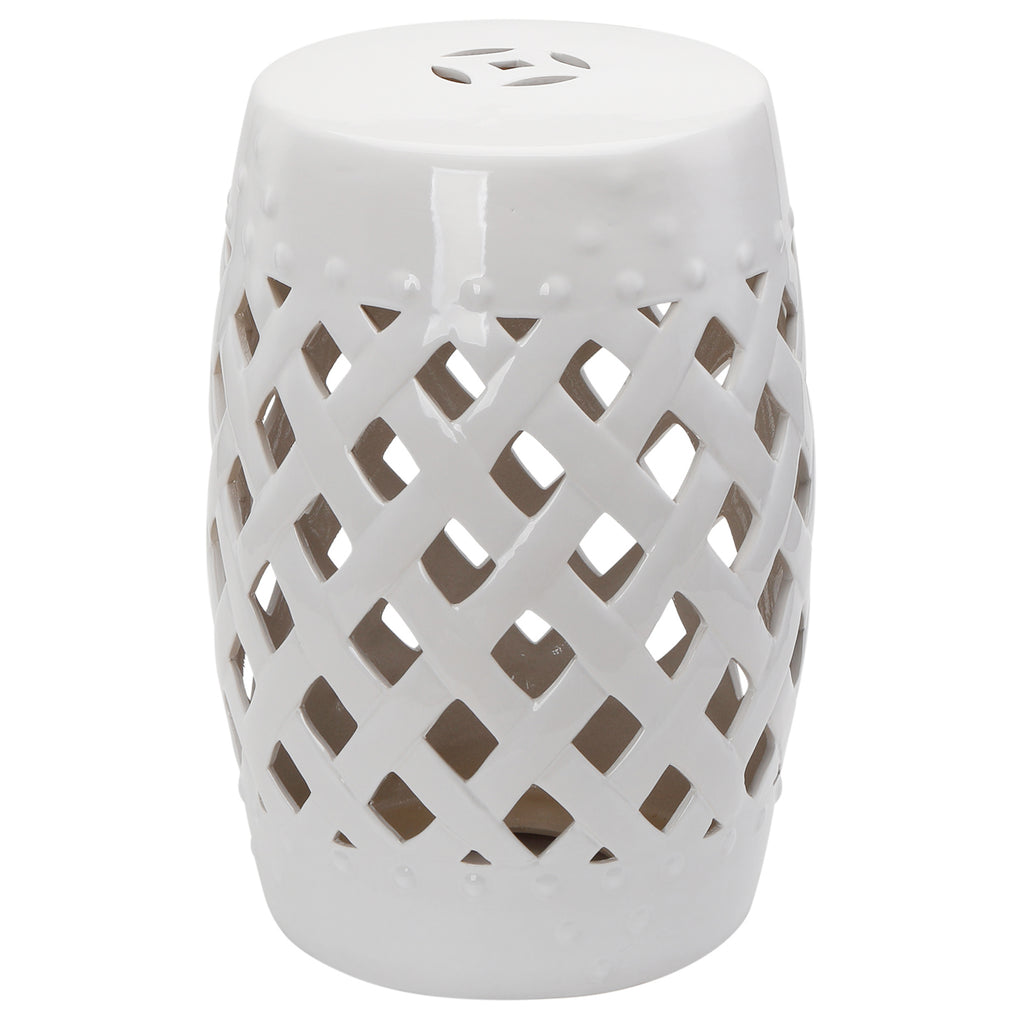 12.4" x 17.9" Ceramic Garden Stool with Woven Lattice Design, Indoor & Outdoor Decorative Accent Stool, White