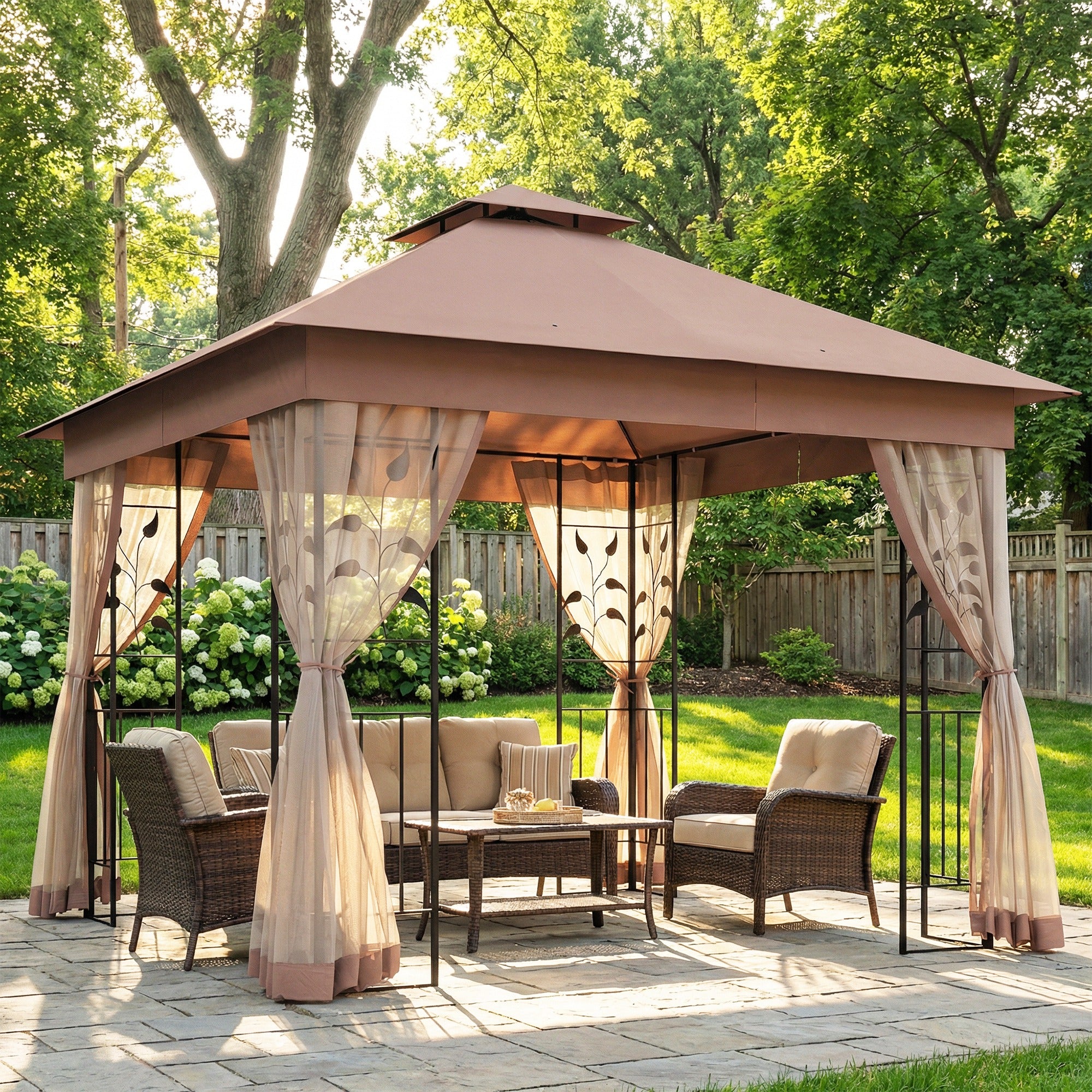 10'x10' Soft-top Patio Gazebo Outdoor Sun Shelter with 2-Tier Polyester Roof, Curtain Sidewalls, Dark Brown