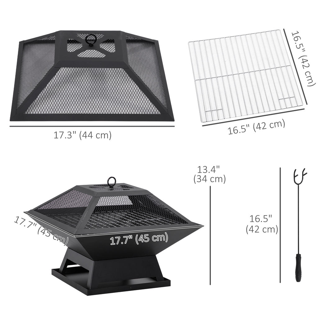 17.7" Wood Burning Portable Fire Pit, Outdoor Firepit with Cooking BBQ Grill, Spark Screen, Poker for Backyard, Black