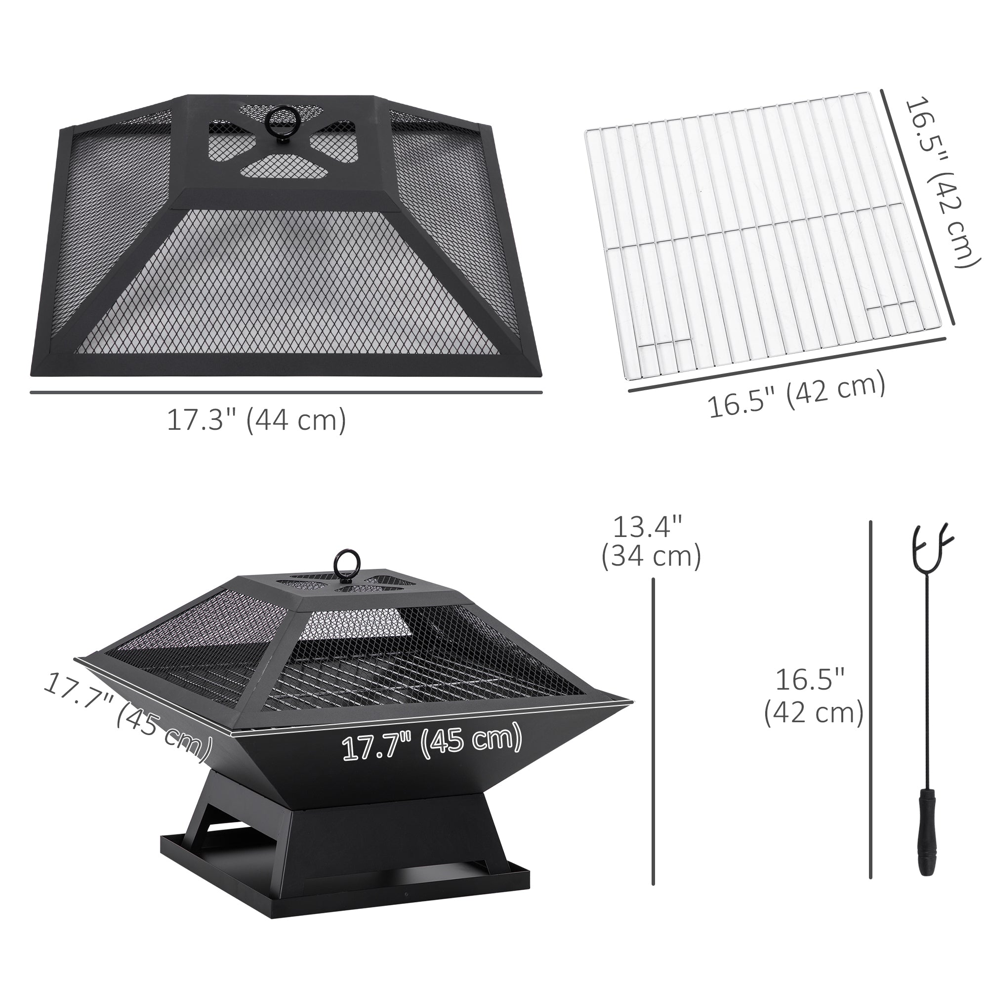 17.7" Wood Burning Portable Fire Pit, Outdoor Firepit with Cooking BBQ Grill, Spark Screen, Poker for Backyard, Black