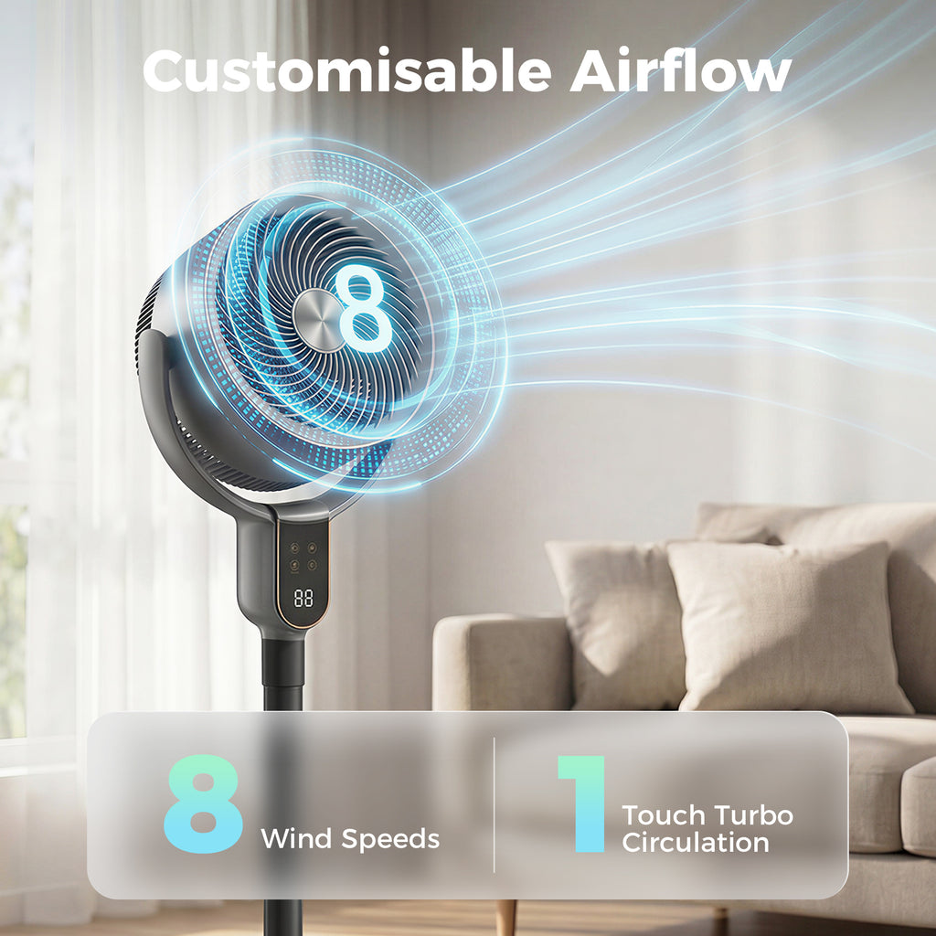 20dB Standing Fan for Bedroom, 70Â°+90Â° Auto Oscillating Fan with 8 Speeds, Remote Control, 12H Timer, Adjustable Height