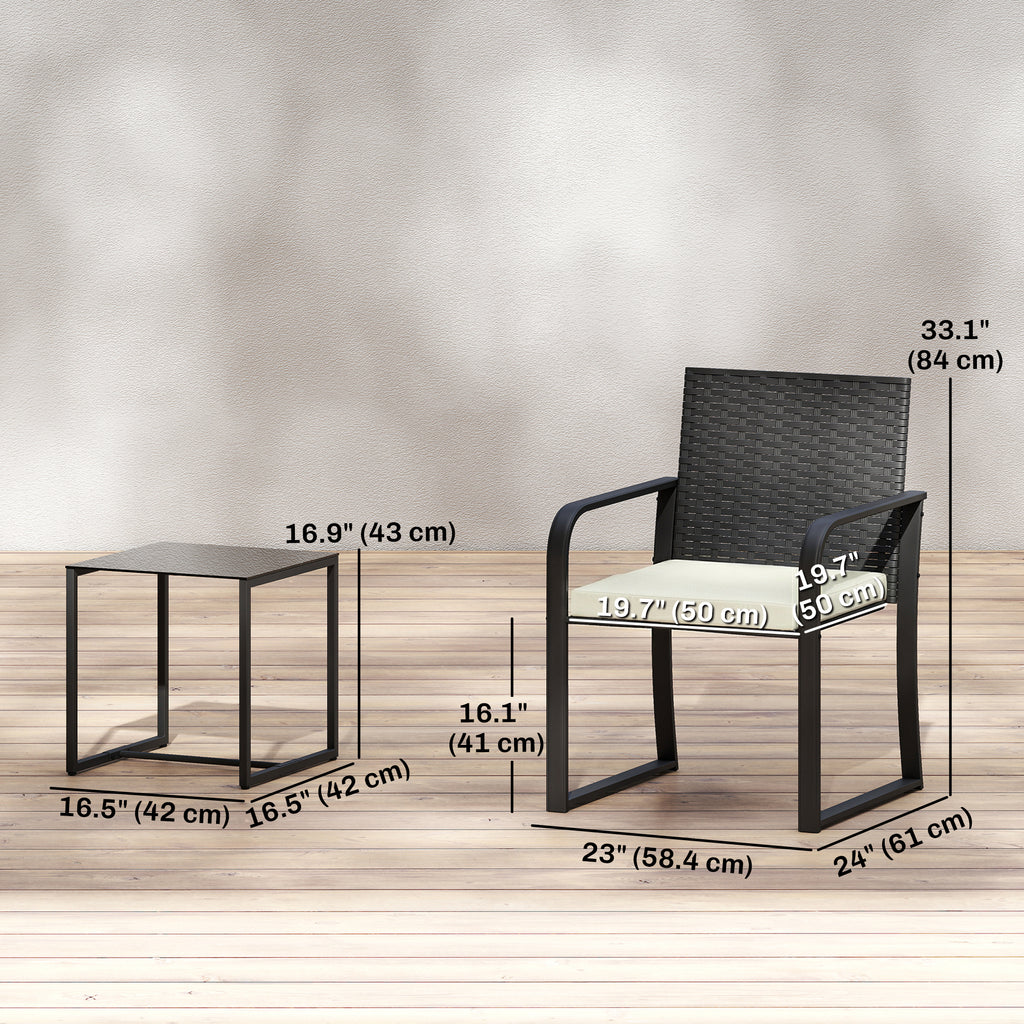 Outdoor Bistro Set, 3 Piece Wicker Patio Furniture with Mesh Seat, Glass Table, Cushions for Porch, Balcony, Cream White