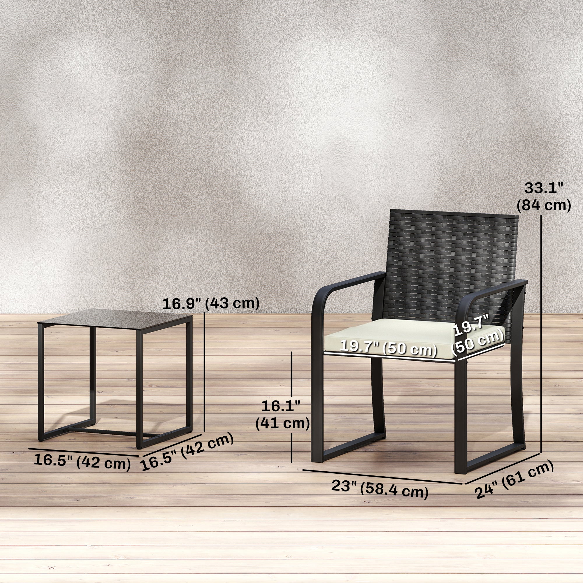 Outdoor Bistro Set, 3 Piece Wicker Patio Furniture with Mesh Seat, Glass Table, Cushions for Porch, Balcony, Cream White
