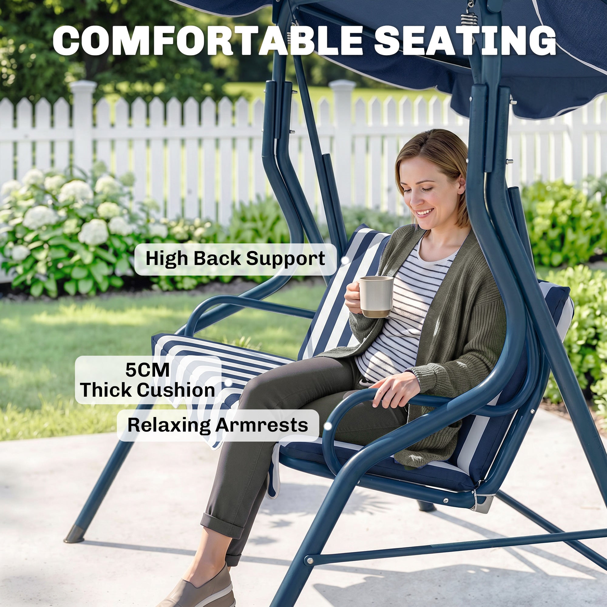 Outdoor Porch Swing with Adjustable Canopy, 3-Seater Patio Swing Chair with Cushion, Blue