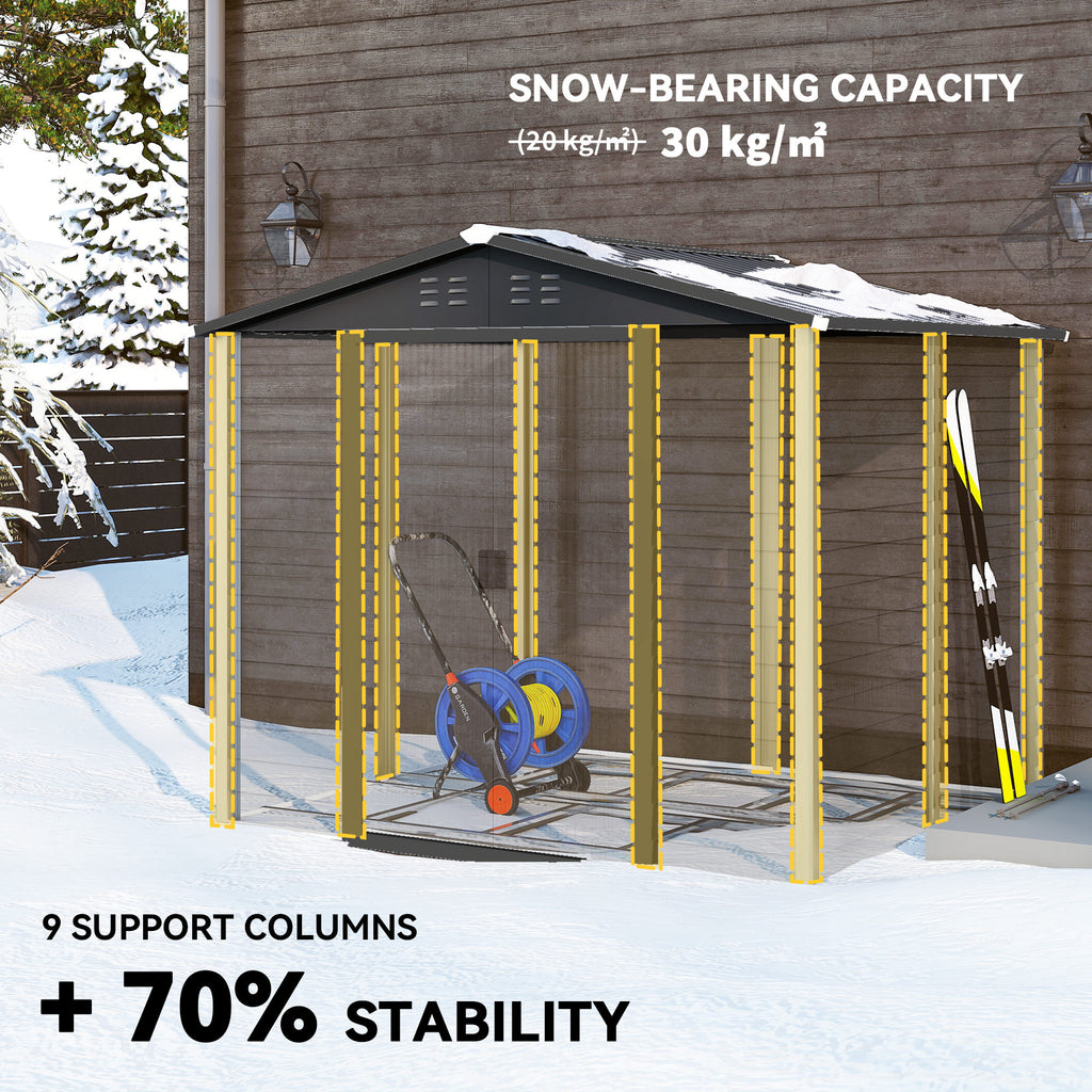 8' x 7' Outdoor Storage Shed, Galvanized Steel Metal Garden Shed with Lockable Doors, Floor Frame, Vents, Lock and Gloves for Backyard, Lawn, Patio, Teak