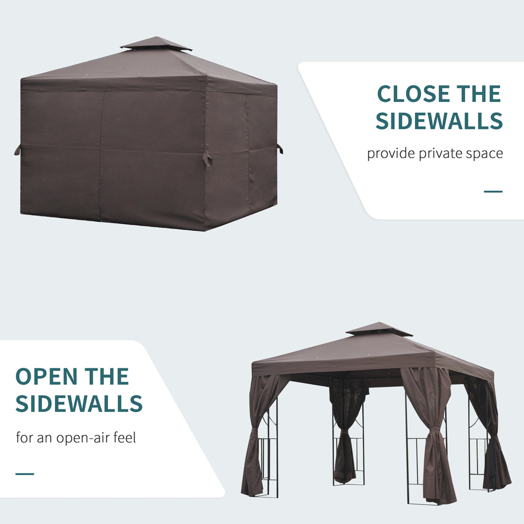 10' x 10' Patio Gazebo Outdoor, Canopy Shelter with Double-tier Roof, Pavilion Sidewalls for Garden Events, Brown
