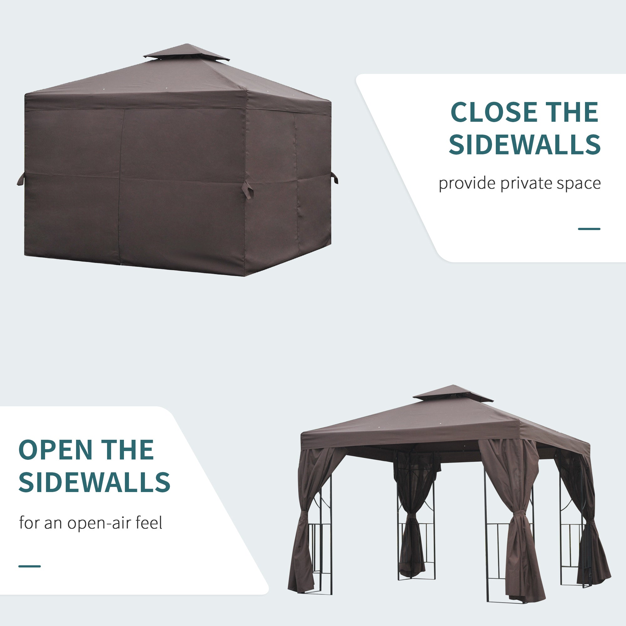 10' x 10' Patio Gazebo Outdoor, Canopy Shelter with Double-tier Roof, Pavilion Sidewalls for Garden Events, Brown