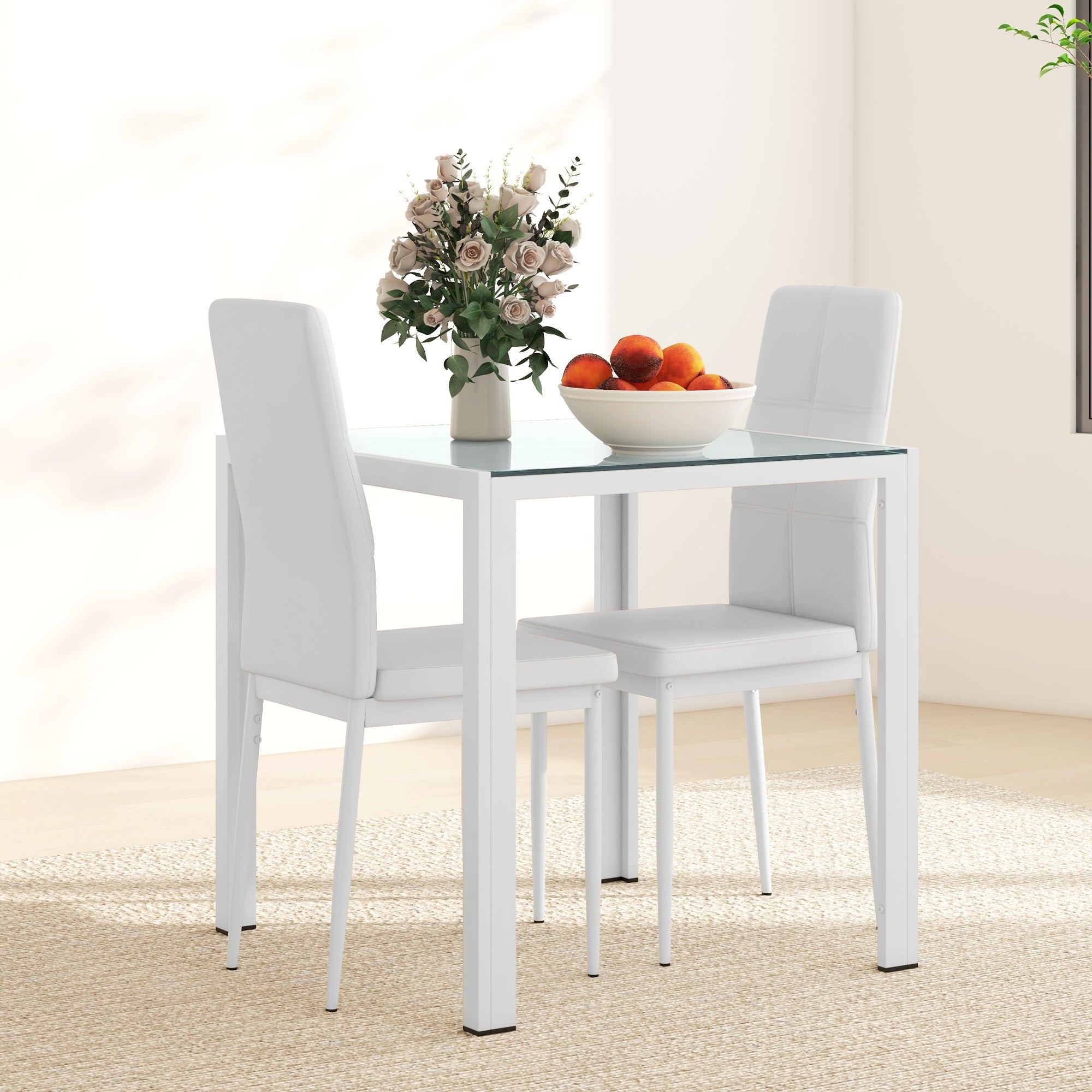 3-Piece Rectangular Glass Kitchen Table and Chairs with Metal Frame and Faux Leather Upholstery for Dining Room, White